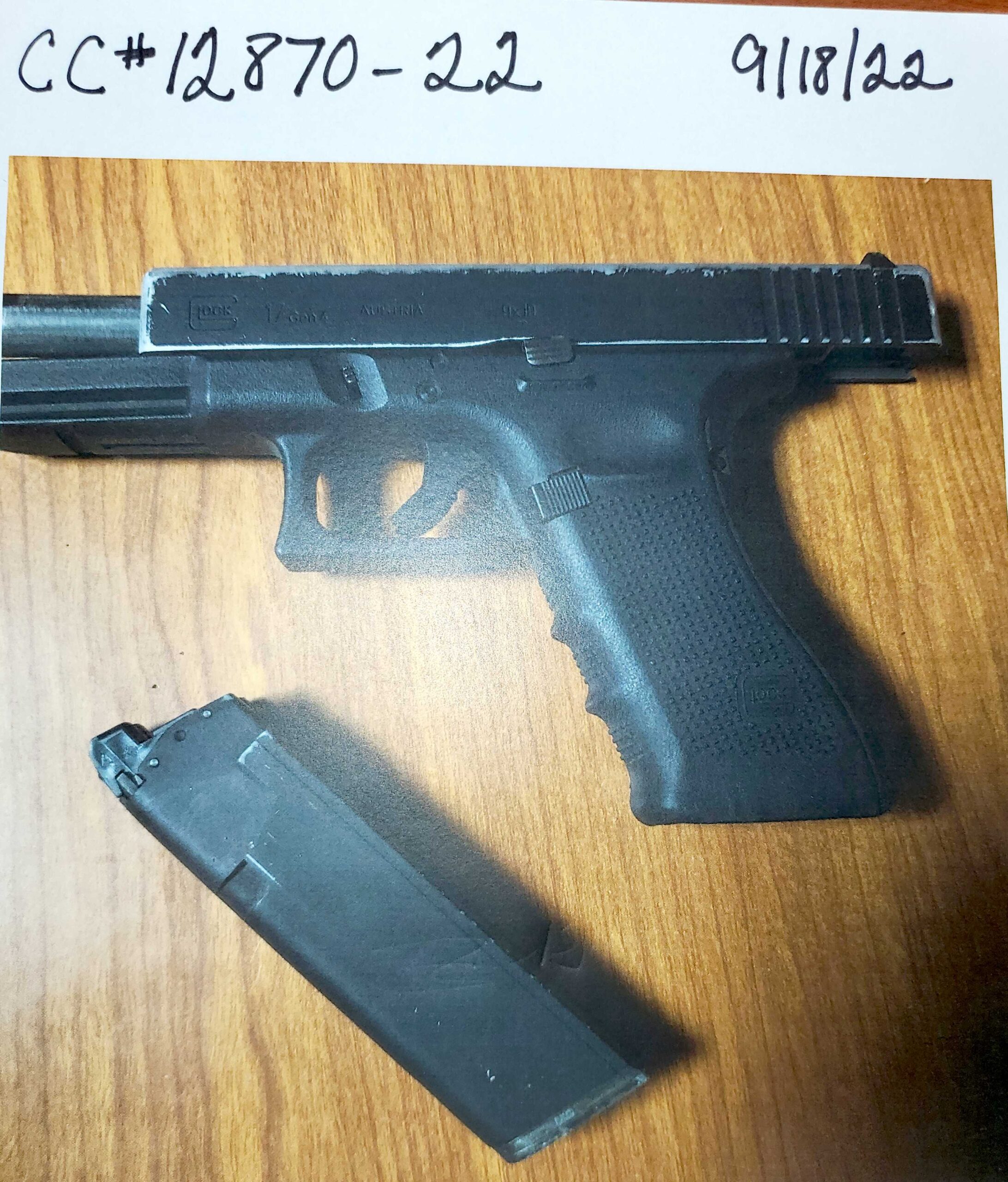 A replica of a Glock 17 handgun led to an arrest on charges of menacing and harassment for an area man.    COURTESY SOUTHAMPTON VILLAGE POLICE