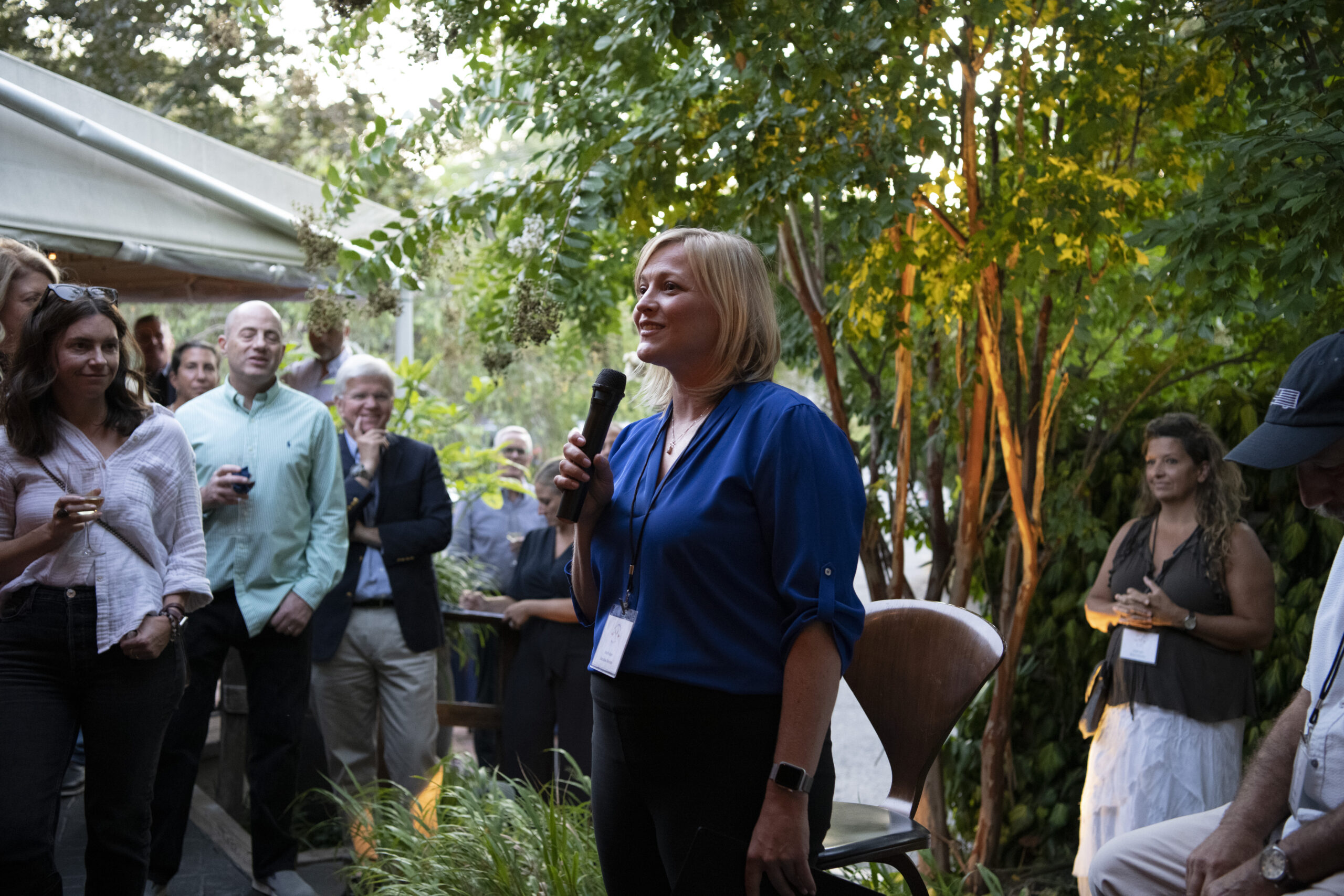 East End Food Institute Executive Director Kate Fullam addresses supporters at the cocktail event at Nick and Toni's Restaurant in East Hampton on September 15. COURTESY EAST END FOOD INSTITUTE