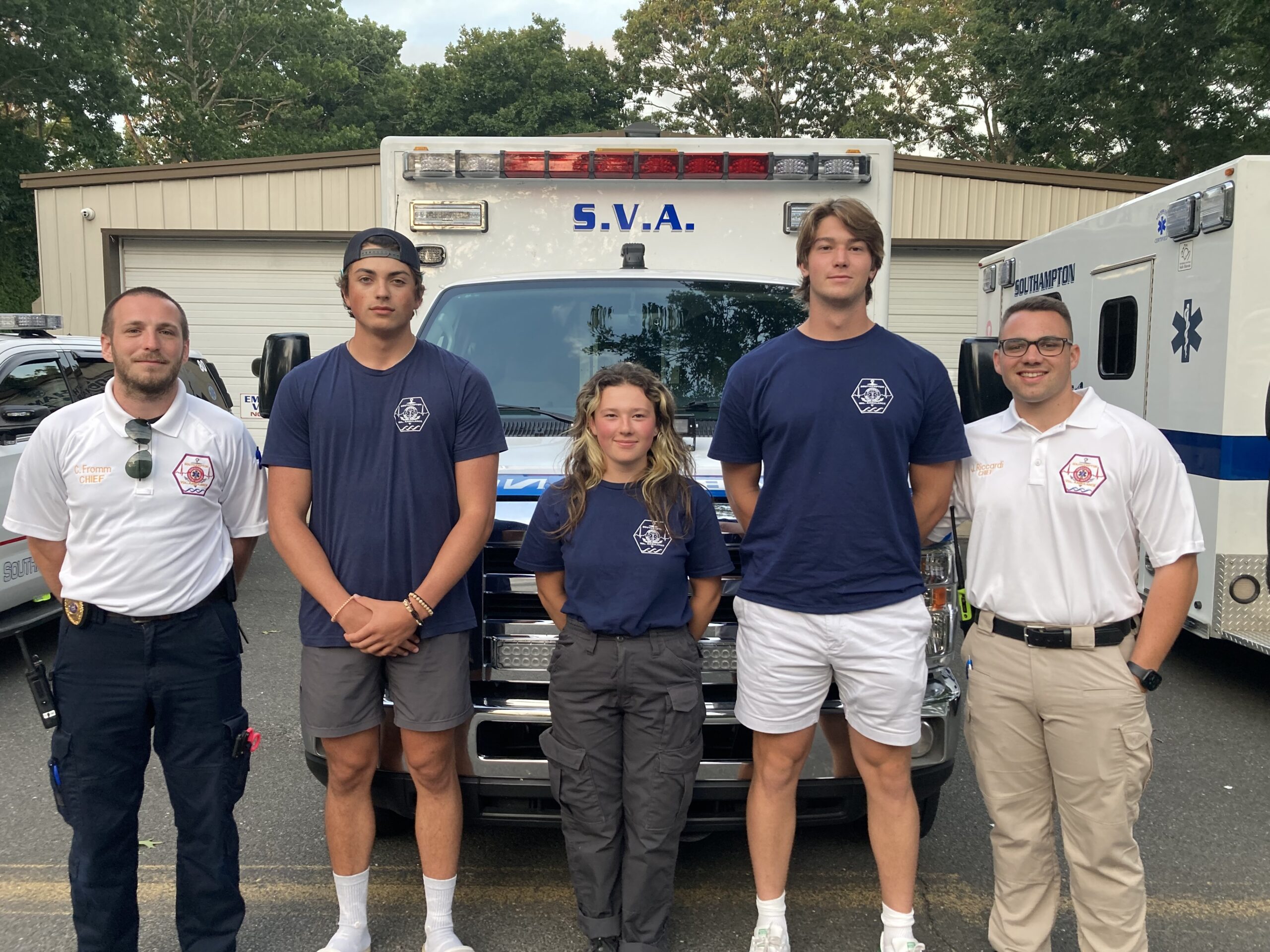 Southampton Volunteer Ambulance Chiefs and Membership send off some of their college bound members with thanks and good luck at a recent department meeting. From left, 2nd Asst. Chief Corey Hanning-Fromm, student members Scott Healey, Chloe Phillips, Schuyler Bacon, and 1st Asst. Chief Joseph Riccardi Jr. COURTESY JIMMY  MACK