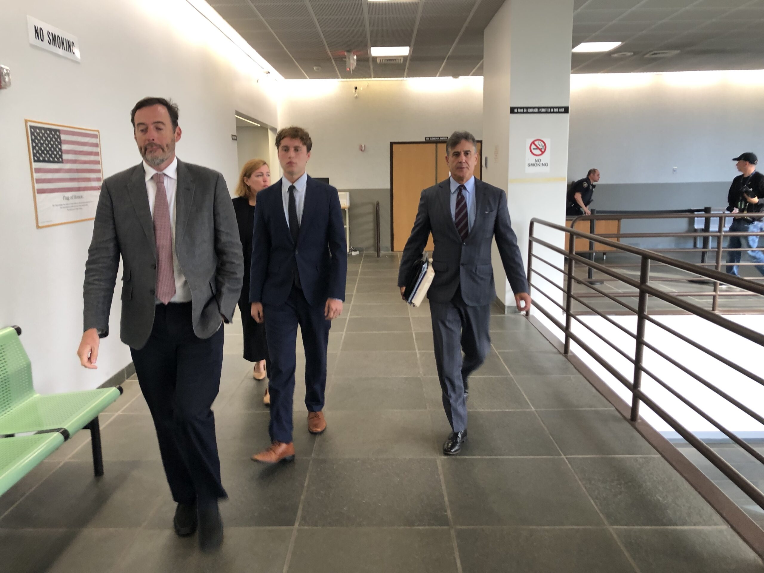Edward Burke Jr, on the right, leaving the courtroom on Thursday, September 22 with his client, Daniel Campbell, after the two learned Cambell may be facing jail time for the hit-and-run killing of Devesh Kishore Samtani on Old Stone Highway last year. T.E. MCMORROW