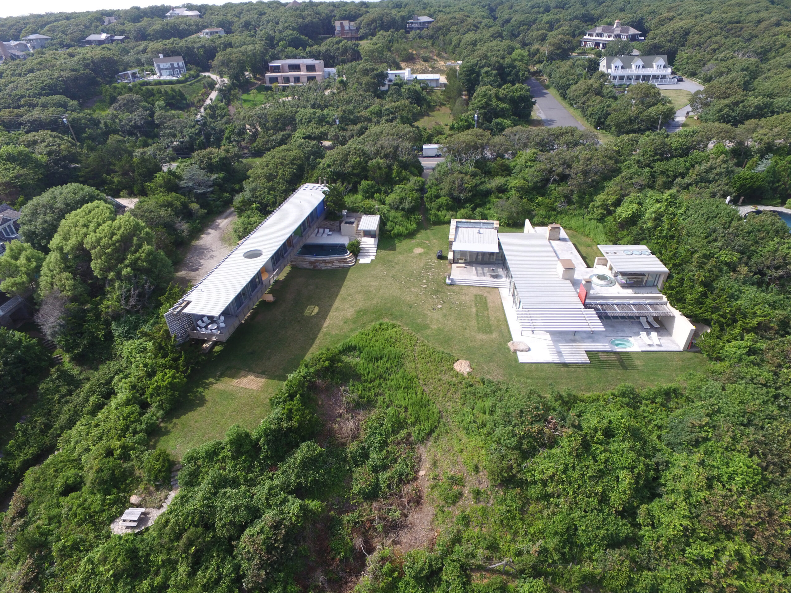 The contemporary compound at 230 and 234 Old Montauk Highway is slated to be demolished.