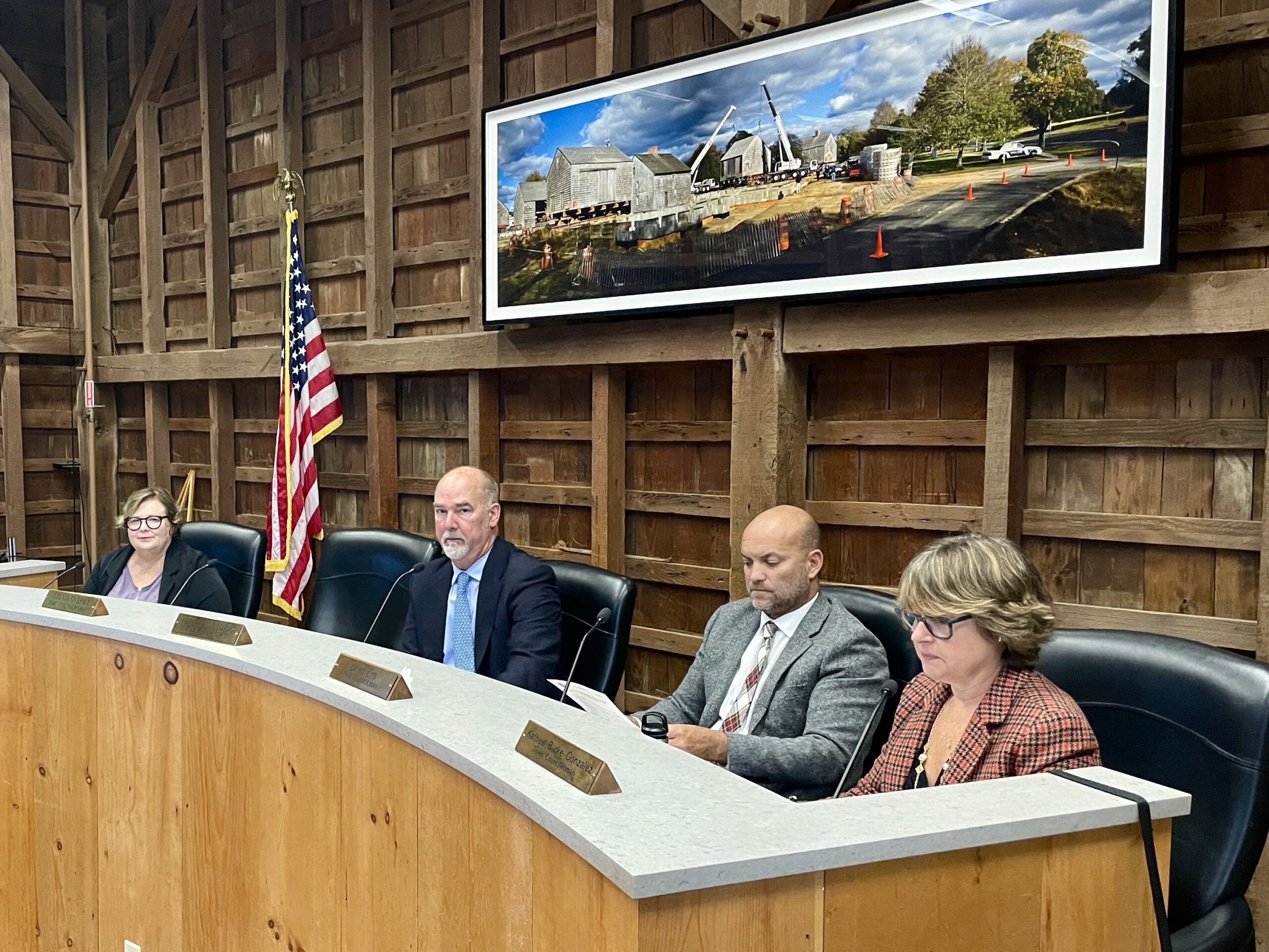 Supervisor Peter Van Scoyoc, center, and the East Hampton Town Board have proposed a large spending hike that pours money into raises for town employees facing inflation and soaring costs of living.