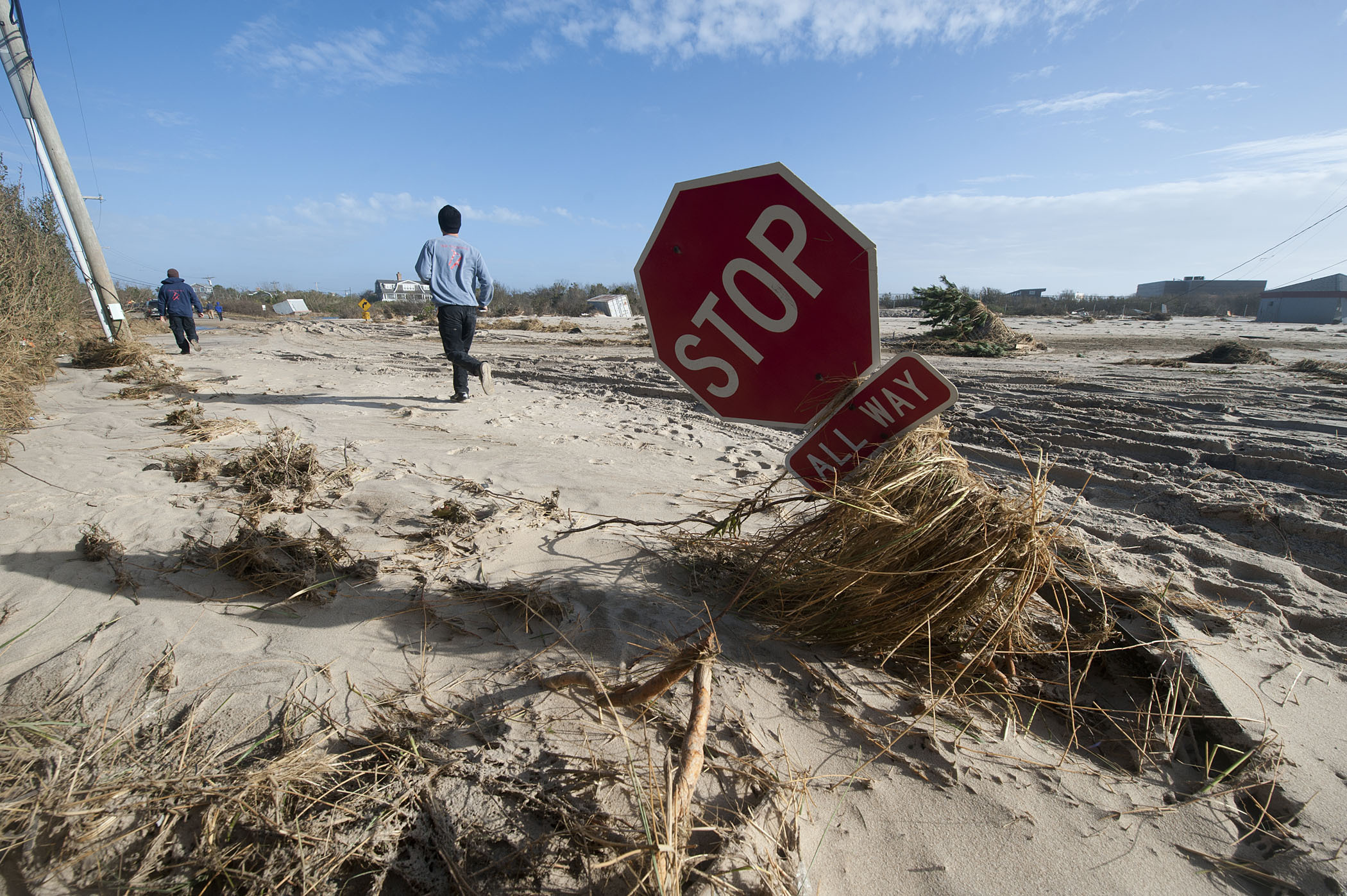 The intersection of Dune Road and Jobs Lane in Bridgehampton in the aftermath of hurricane Sandy on October 30, 2012.    MICHAEL HELLER