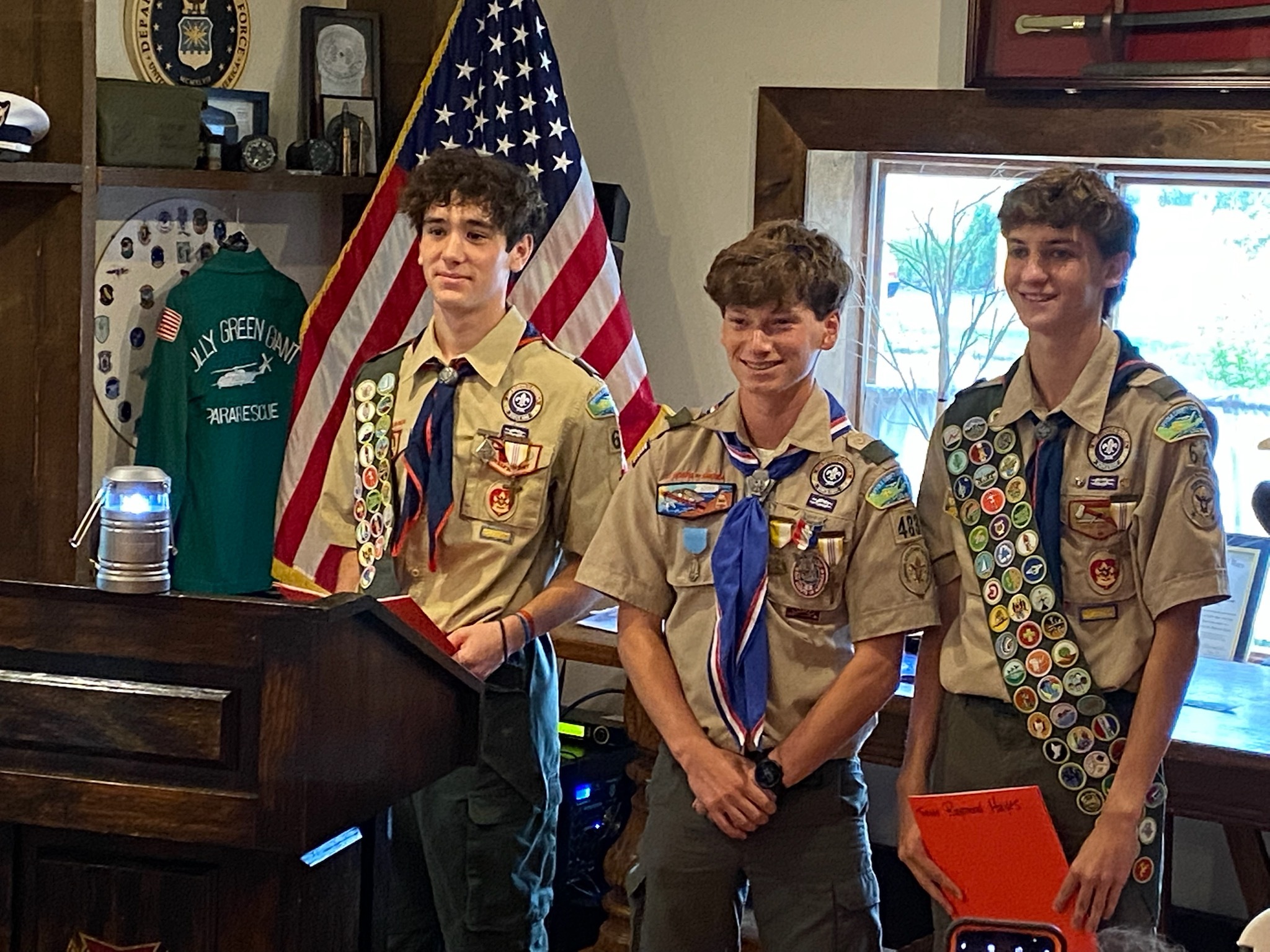 An Eagle Court of Honor was held at VFW Post 5350 in Westhampton Beach on October 2, during which two new Eagle Scouts, Ethan Mastrole, left, and Trevor Hayes, right, from Troop 62 in Westhampton Beach, were honored. Eagle Scout Max Huynia, center, was also at the ceremony. COURTESY WILLIAM HUGHES
