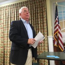 Moderator Kevin McDonald at the Hampton Bays Civic Association candidate debate.    KITTY MERRILL