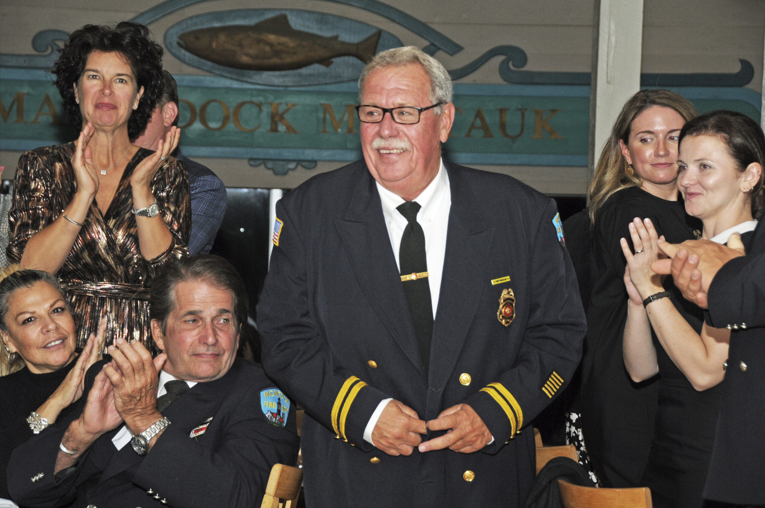 Captain Ed Ecker accepted the 2021 Company No. 6 Award for Company of the Year at the Montauk Fire Department's inspection dinner on Friday evening at at Gosman's Restaurant.  RICHARD LEWIN