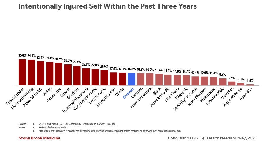Overall, nearly 17 percent of respondents reported that they had intentionally injured themselves within the past three years. COURTESY STONY BROOK MEDICINE