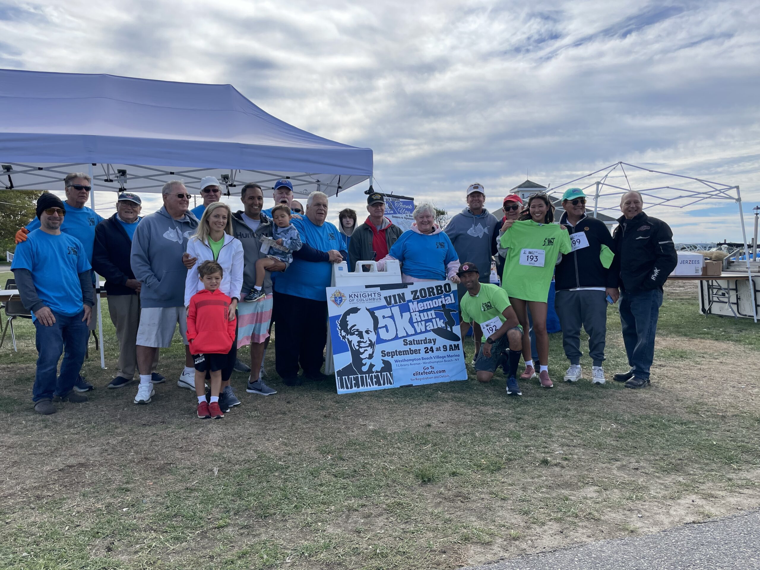 Members of the Father Slomski Council of the Knights of Columbus with volunteers, including
Vin's sons Justin, Chris and their families, for the Vin Zorbo 5K Memorial Run. Funds raised will go to the Prostate Cancer Foundation, the East End Chapter of Surfrider, Angela's House, as well as Knights of Columbus charities. COURTESY FATHER SLOMSKI COUNCIL