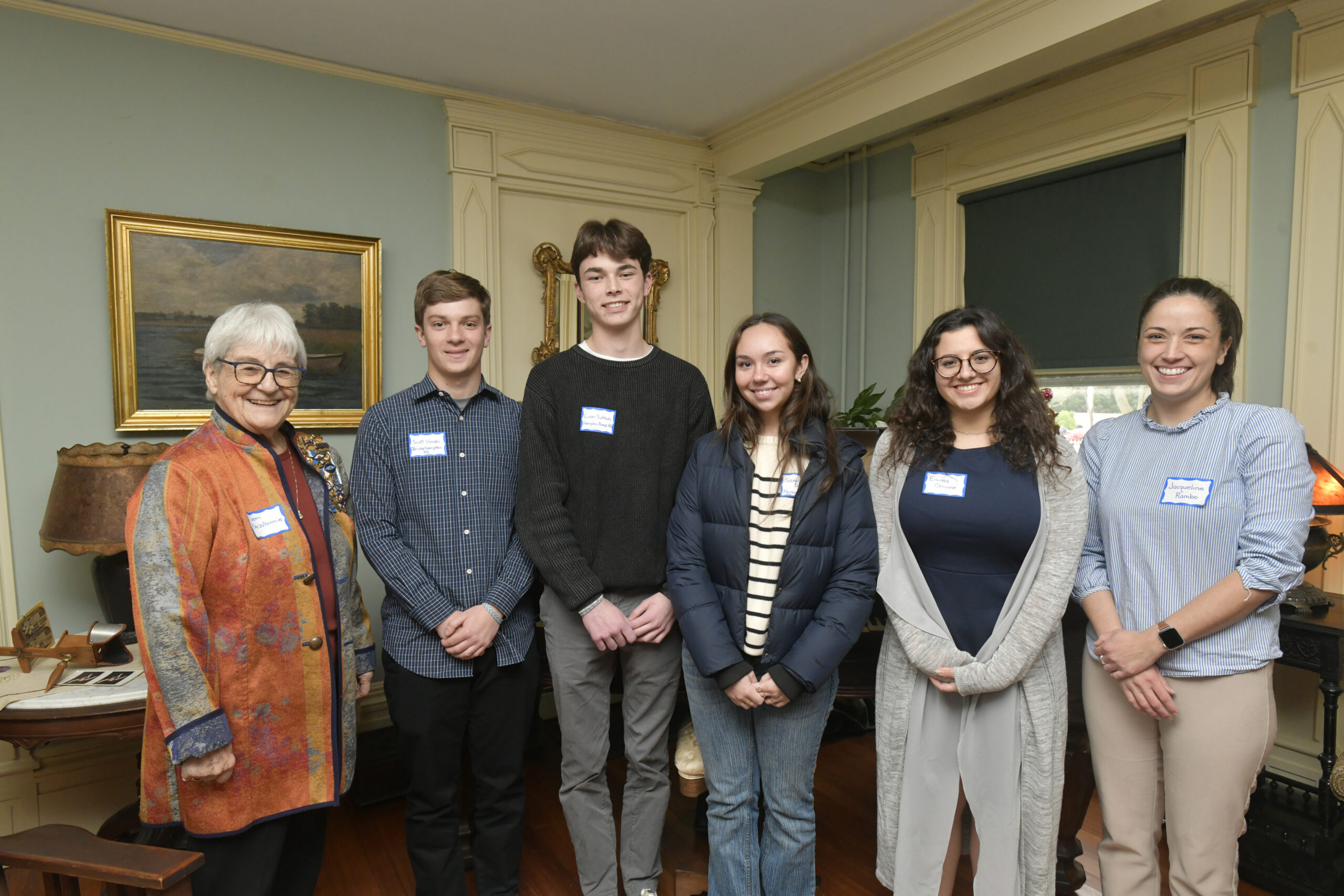 The Southampton Colony Chapter of the Daughters of the american Revolution recently presented the Good Citizen Scholarship Awards to local students. Left to right are, Chairwoman, Gerri MacWhinnie; Scott Vinski, Bridgehampton High School; Liam Sutton, Hampton Bays High School; Sarah D'Angelo, Pierson High School; Emma Cervone, Southampton High School: and Southampton Colony DAR Regent Jacqueline Rambo.   DANA SHAW