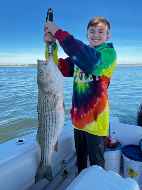 Noah Kent of Southampton caught this 33-inch, 22-pound striped bass off Smith Point last week.