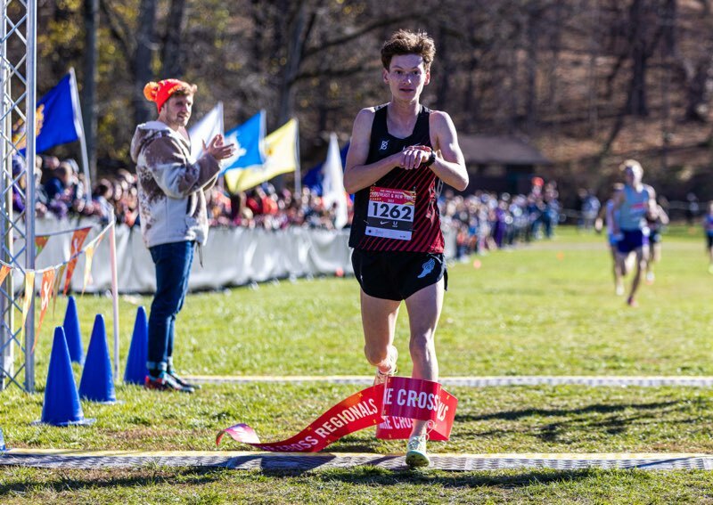 Westhampton Beach senior Max Haynia crosses the finish line in first place at Nike Regionals on Saturday at Bowdoin Park in Wappingers Falls.