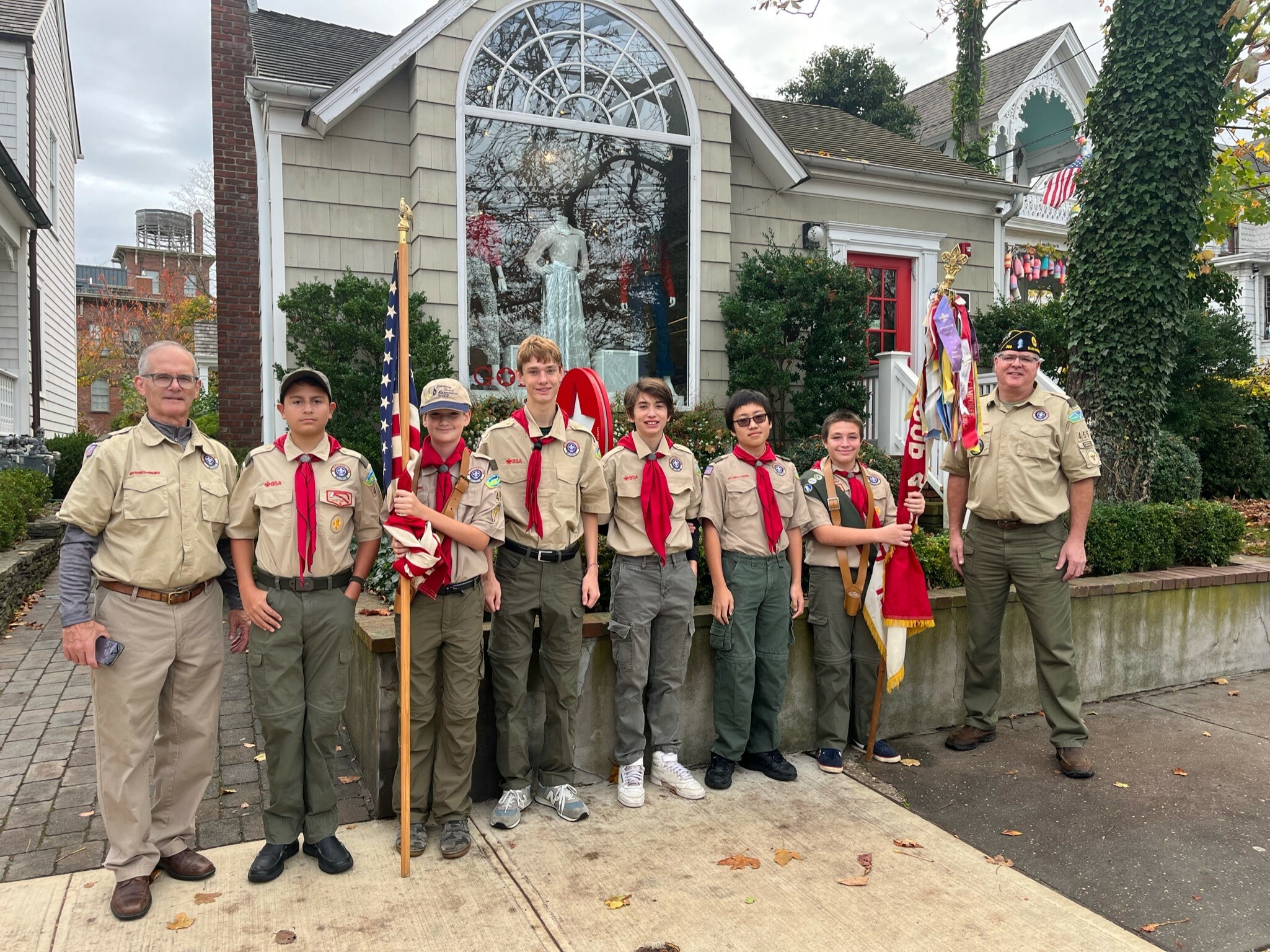 Troop 455 took part in the Sag Harbor Veterans Day parade on Friday and then ran a food drive immediately after.  In addition to a very large box of food donated, the Scouts also received $393 for the food pantry. CHARLES SFERRAZZA PHOTO