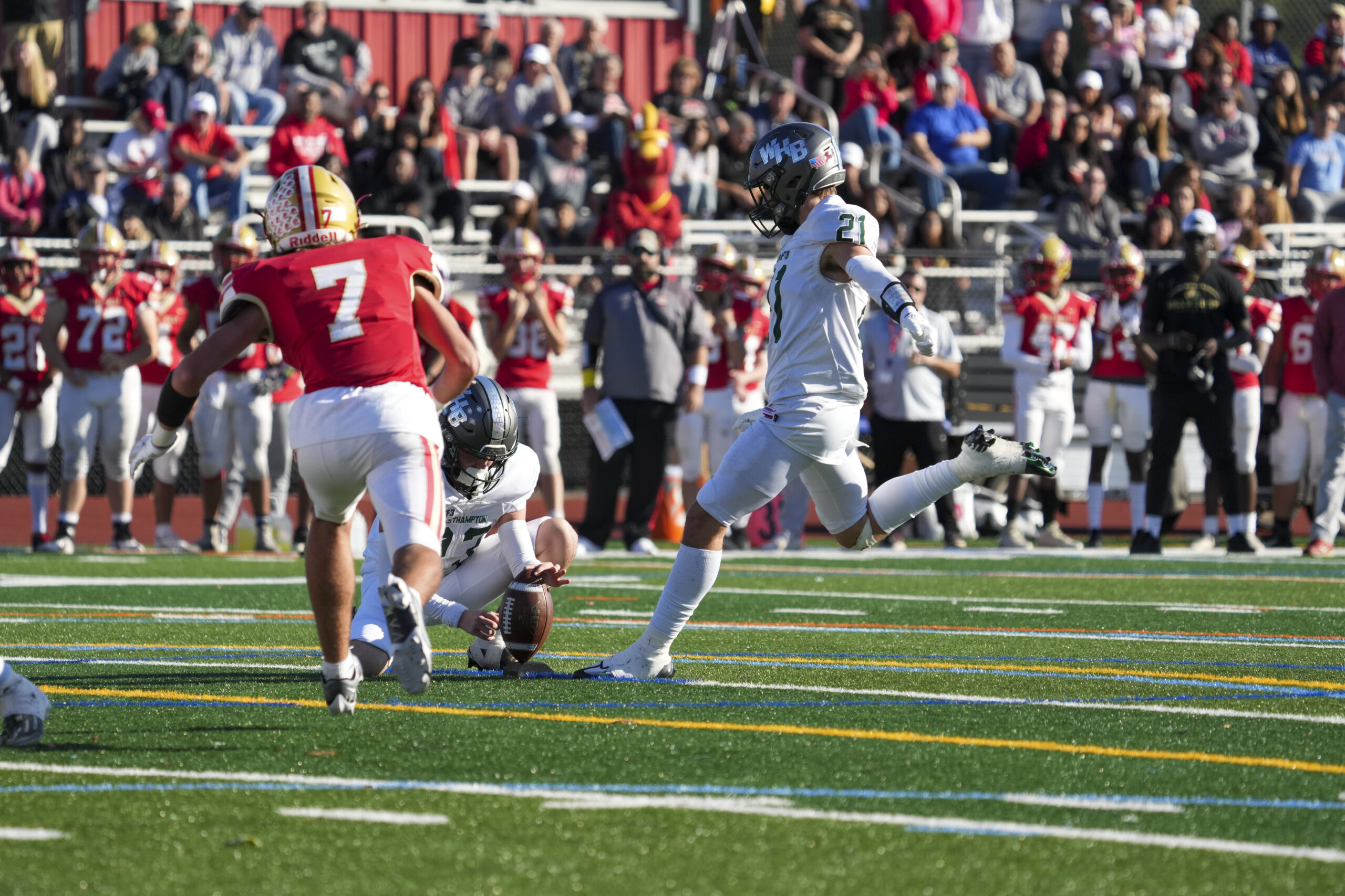 Westhampton Beach sophomore Brody Schaffer kicked a a pair of field goals and had a number of touchbacks on kickoffs throughout Saturday's game.   RON ESPOSITO
