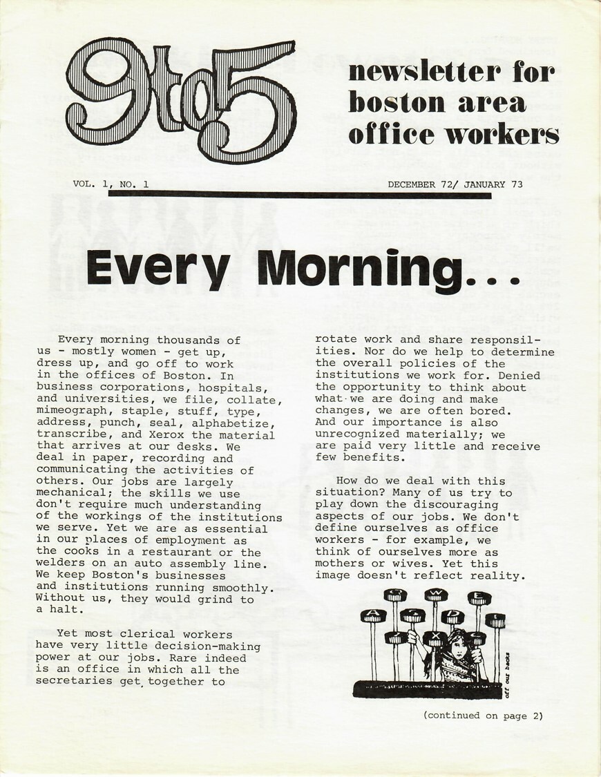 A 9 to 5 Boston newsletter from December 1972/January 1973. Activist Ellen Cassedy and her friend Karen Nussbaum founded the 9 to 5 National Association of Working Women in 1972. COURTESY ELLEN CASSEDY
