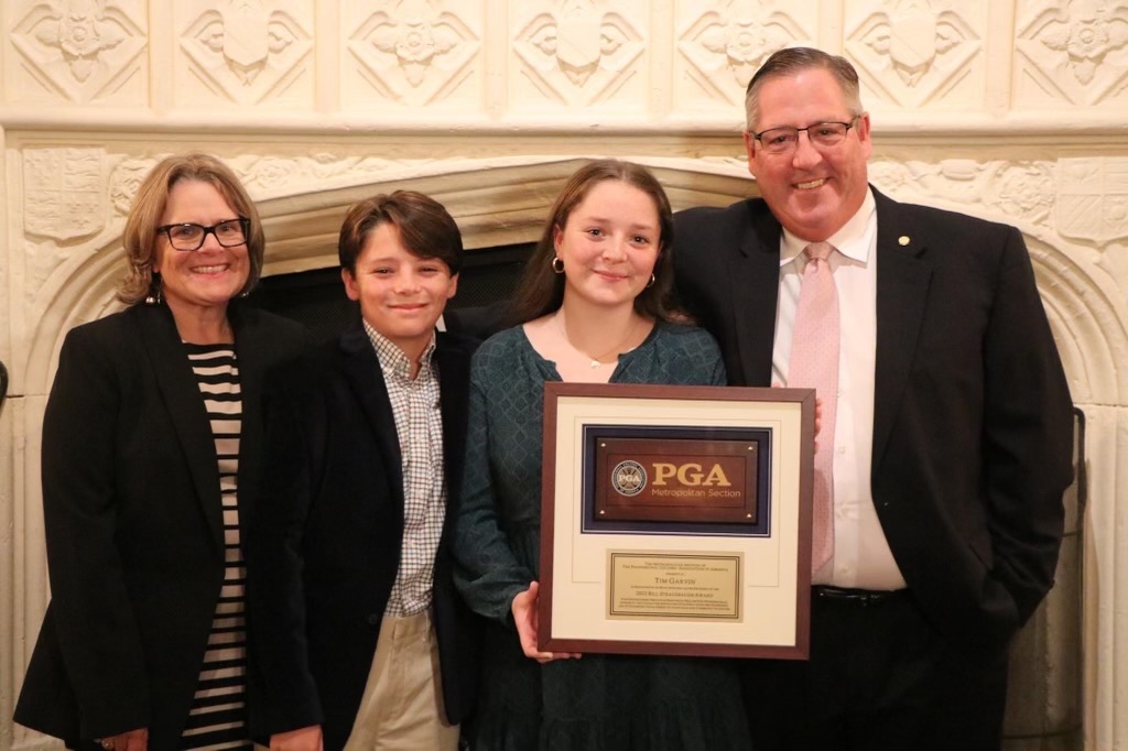 South Fork Country Club golf pro Tim Garvin was honored by the PGA of America this month for his work mentoring other up-and-coming golf professionals. Pictured with Garvin are his wife Katie, son, James, and daughter Paige.      COURTESY METROPOLITAN PGA
