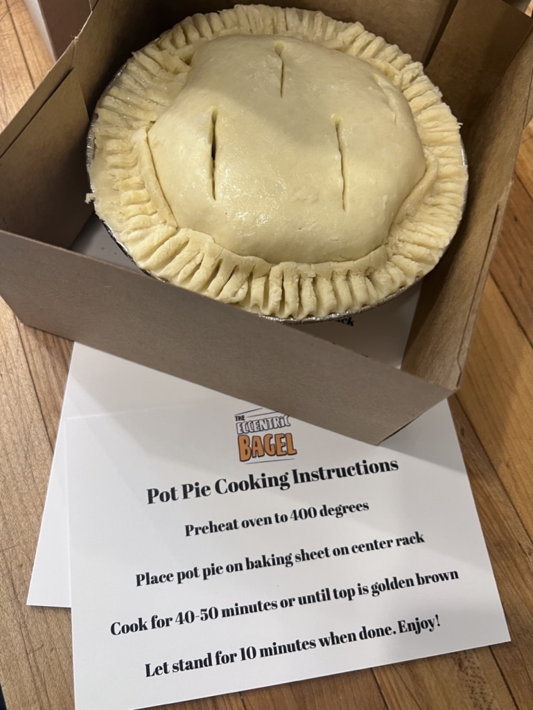 The Eccentric Bagel on Shelter Island is now offering pot pies to bake at home. AMY WEINSTEIN