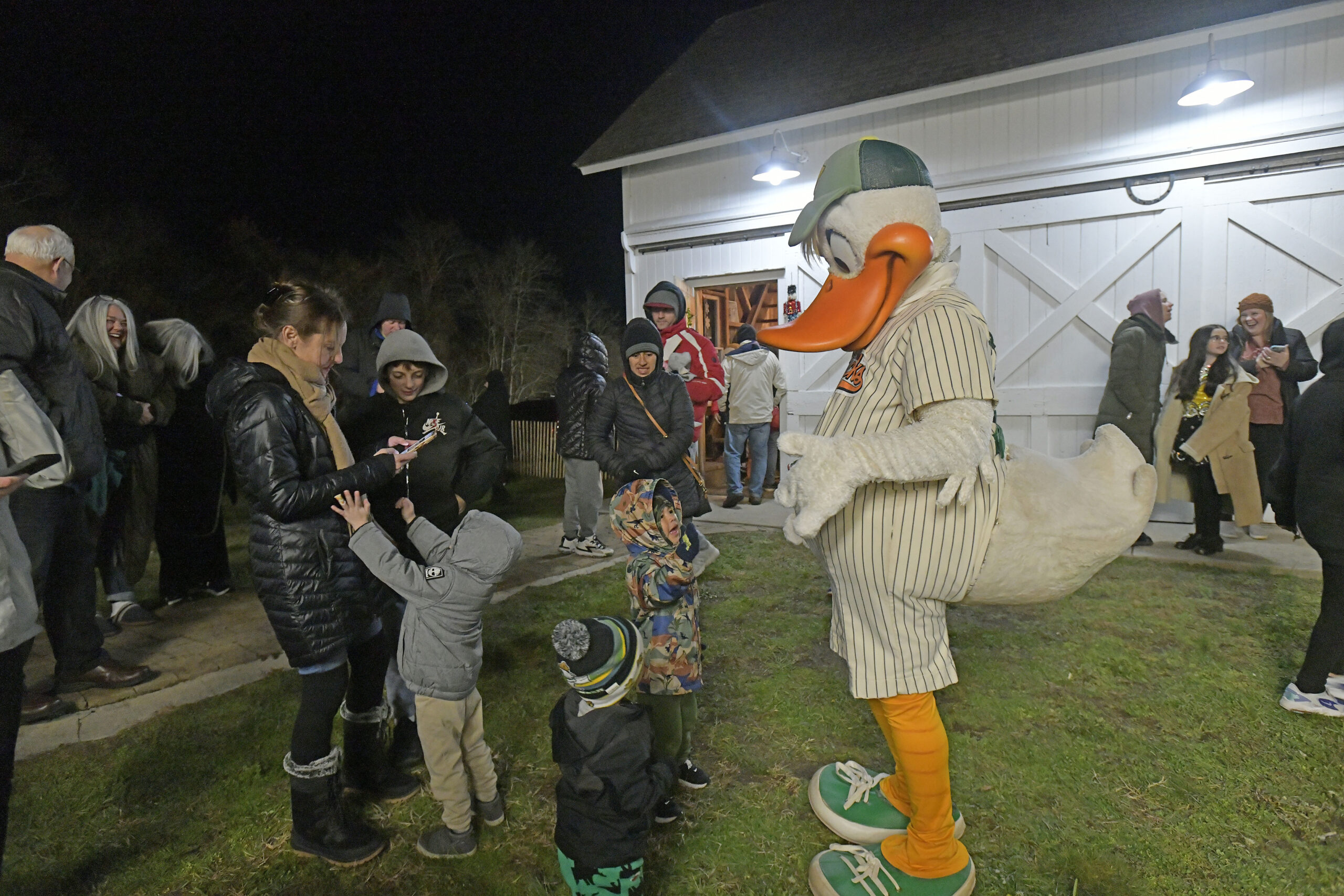 Long Island Ducks mascot QuackerJack was on hand for the lighting of the Big Duck in Flanders on December 1.