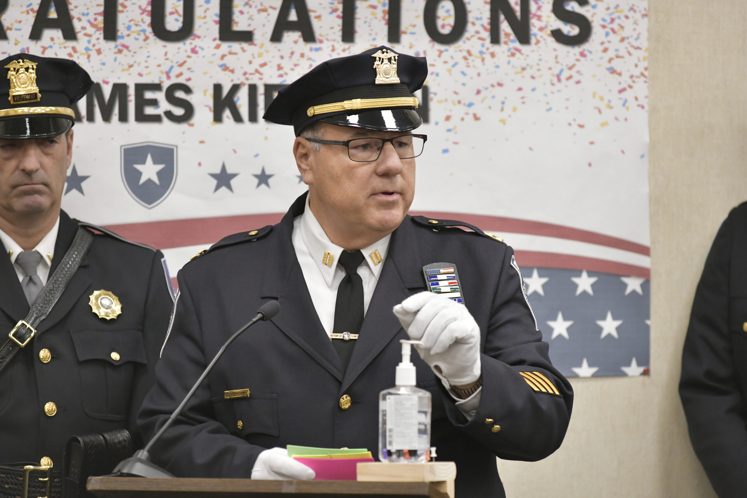 Newly sworn in Southampton Town Police Chief James Kiernan addresses the crowd at Town Hall on December 8.  DANA SHAW