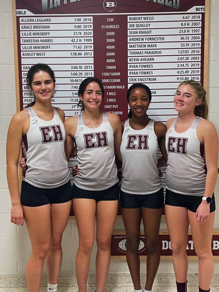 East Hampton's 4x400-meter relay team of Meredith Spolarich, Melina Sarlo, Leslie Samuel and Ryleigh O'Donnell set a new indoor track record at a crossover meet on December 17.