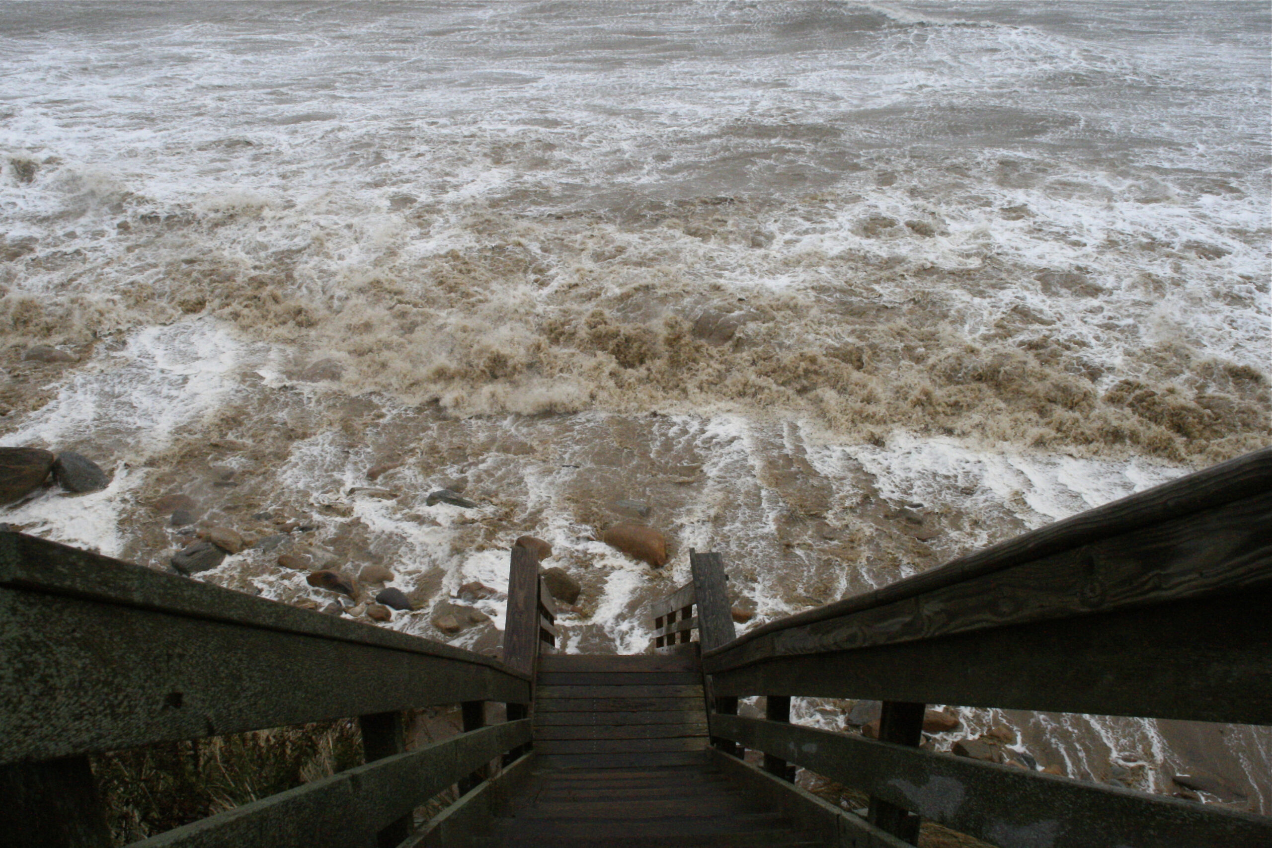 A view down into the roiling surf in Montauk during Sandy.   KYRIL BROMLEY
