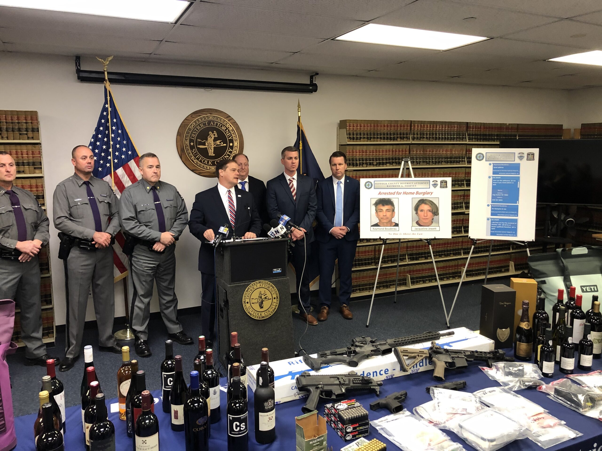 Suffolk County District Attorney Ray Tierney, along with members of the State Police and Sag Harbor Police, announced the arrest of a couple charged in two organized burglaries during a press conference at the D.A.'s office in Riverside on Tuesday. T.E. MCMORROW