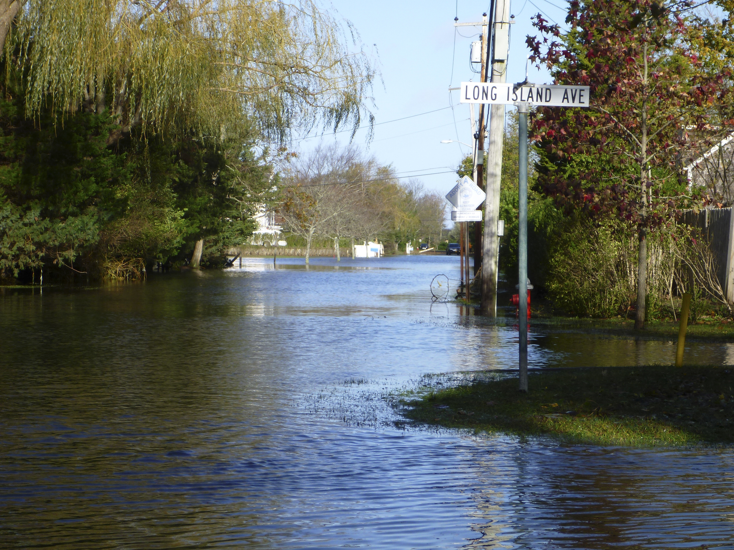 A view of the flooding in Sag Harbor from Spring Street the day after Superstorm Sandy.   JOE LOUCHHEIM