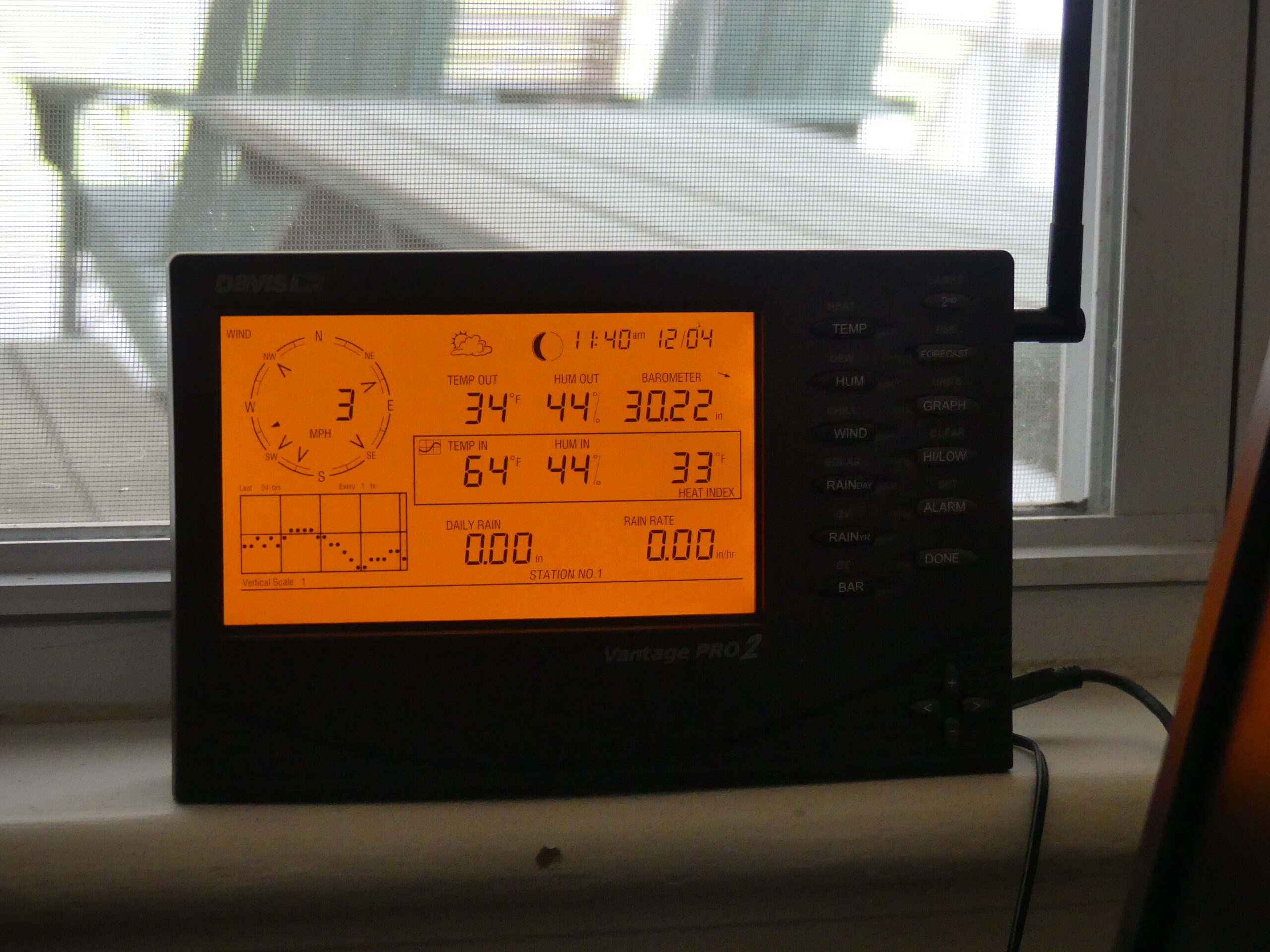 This is the display on the VP 2 console. It’s not as colorful or customizable as the WS 5000 display but it’s adequate. The console receives the signals from the station then can provide the data to a local computer or it can upload directly to a service like Weather Underground for archiving and public viewing. ANDREW MESSINGER