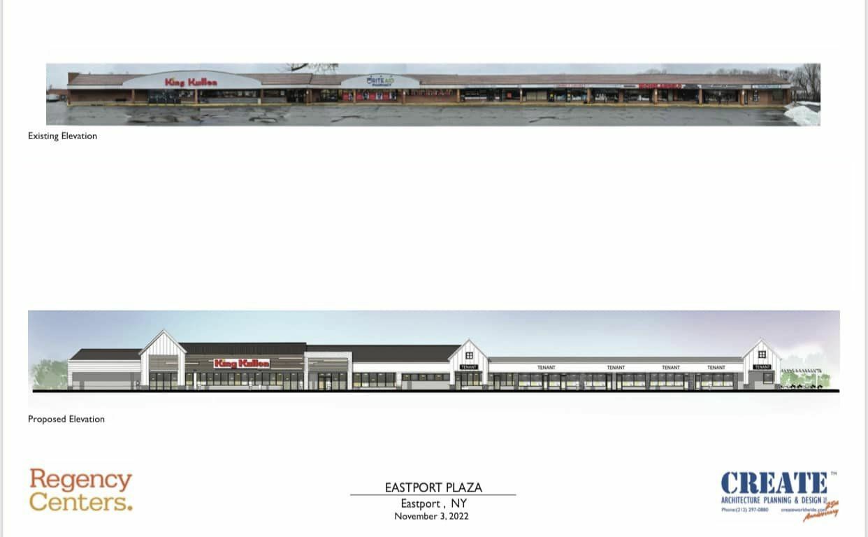 A before-and-after rendering of potential façade renovations to the King Kullen shopping center in Eastport.