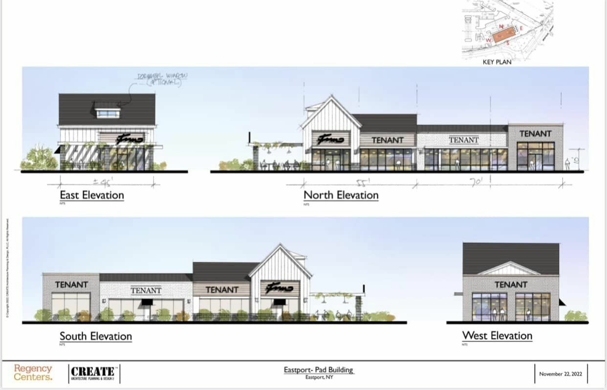 Potential plans for the elevations of the businesses within the Eastport Plaza shopping center.