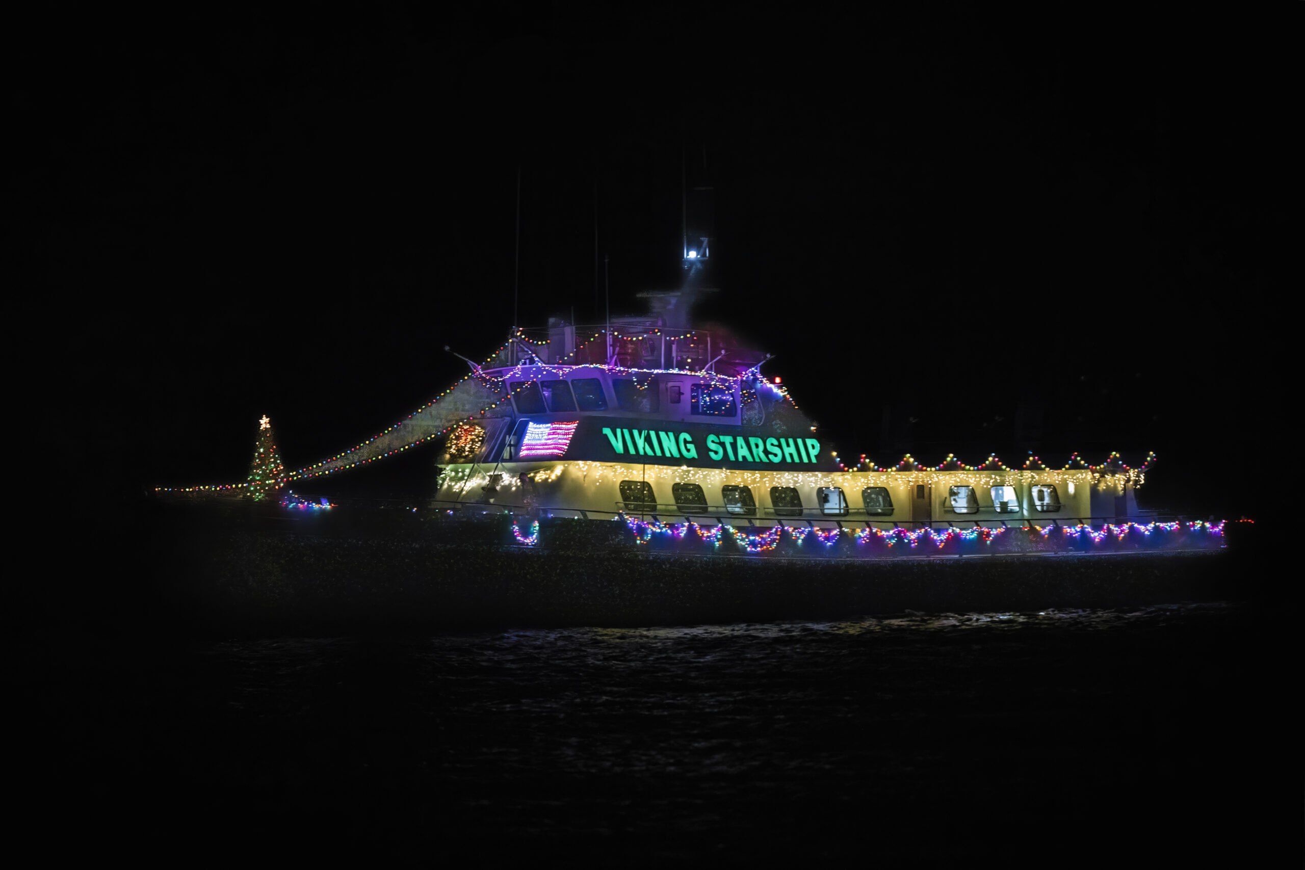 One of the boats at the first-ever lighted boat Parade and  viewing party at Inlet Seafood on Saturday to benefit the Montauk Food Pantry.     MARIANNE BARNETT