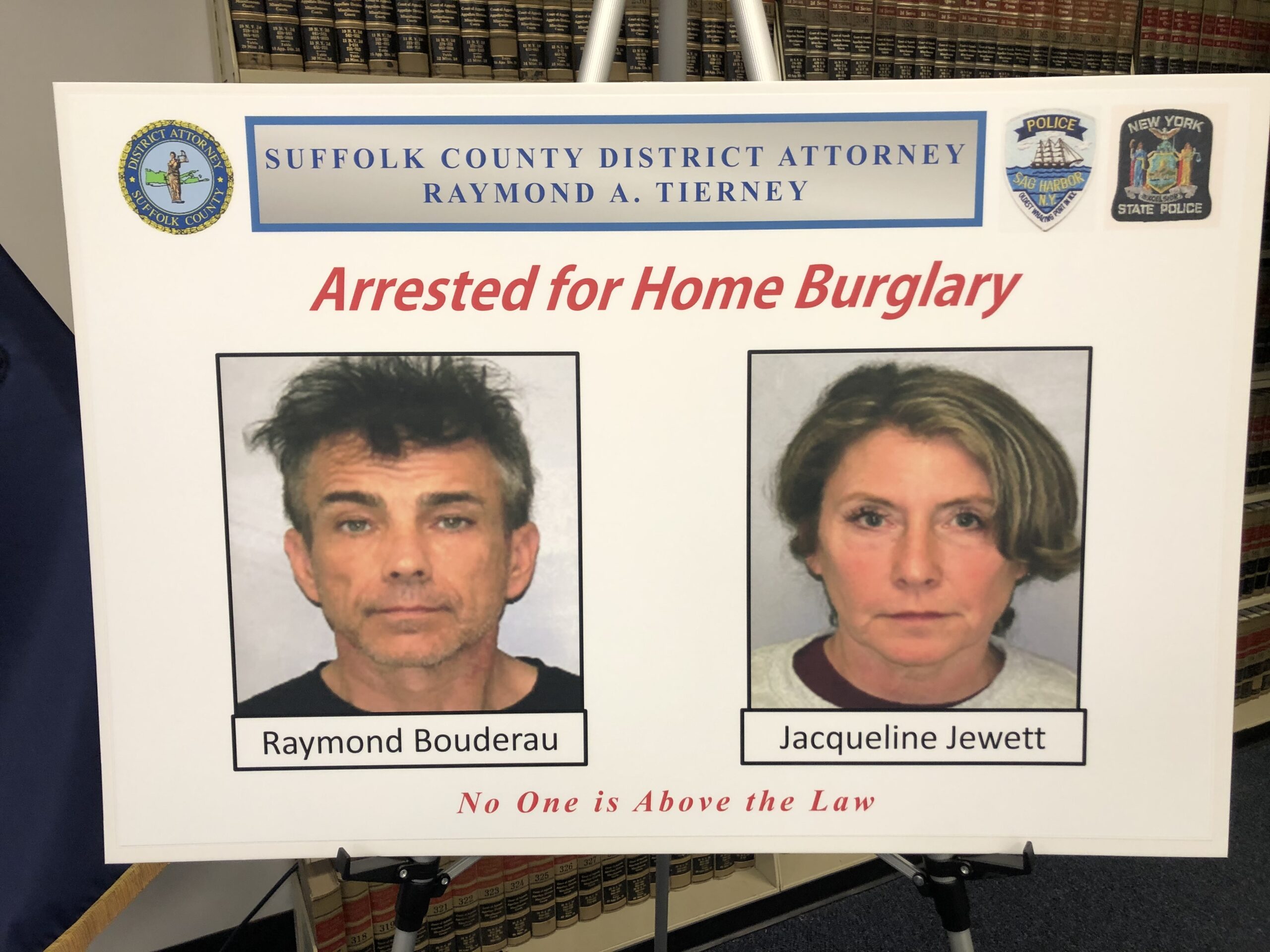 Suffolk County District Attorney Ray Tierney, along with members of the State Police and Sag Harbor Police, announced the arrest of a couple charged in two organized burglaries during a press conference at the D.A.'s office in Riverside on Tuesday. T.E. MCMORROW