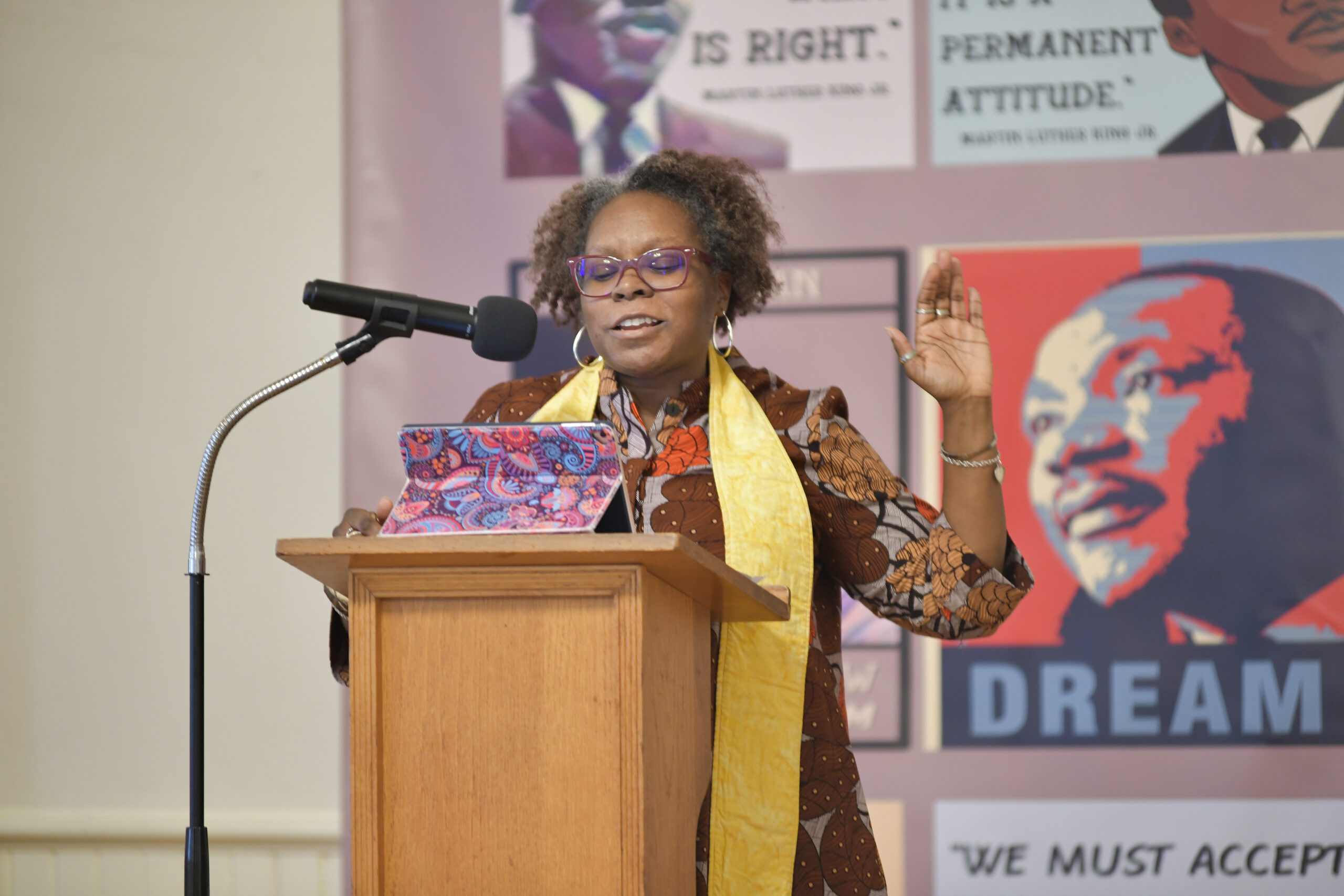 The Rev. Kimberly Quinn Johnson of the Unitarian Universalist Congregation of the South Fork speaks at the celebration for Rev. Martin Luther King Jr. at the Hamptons United Methodist Church in Southampton on Monday.    DANA SHAW