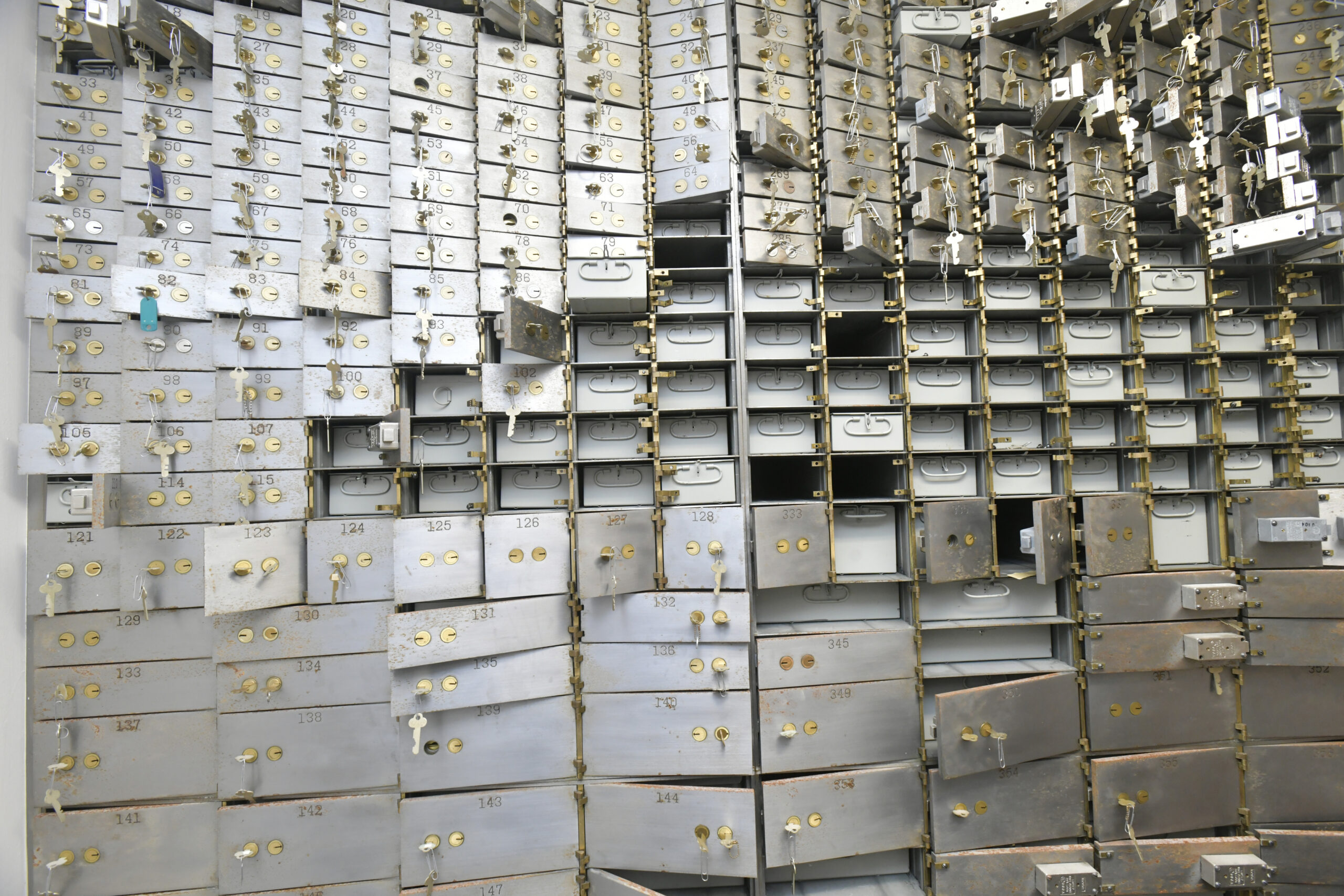 Safety deposit boxes with keys inside the vault.  DANA SHAW