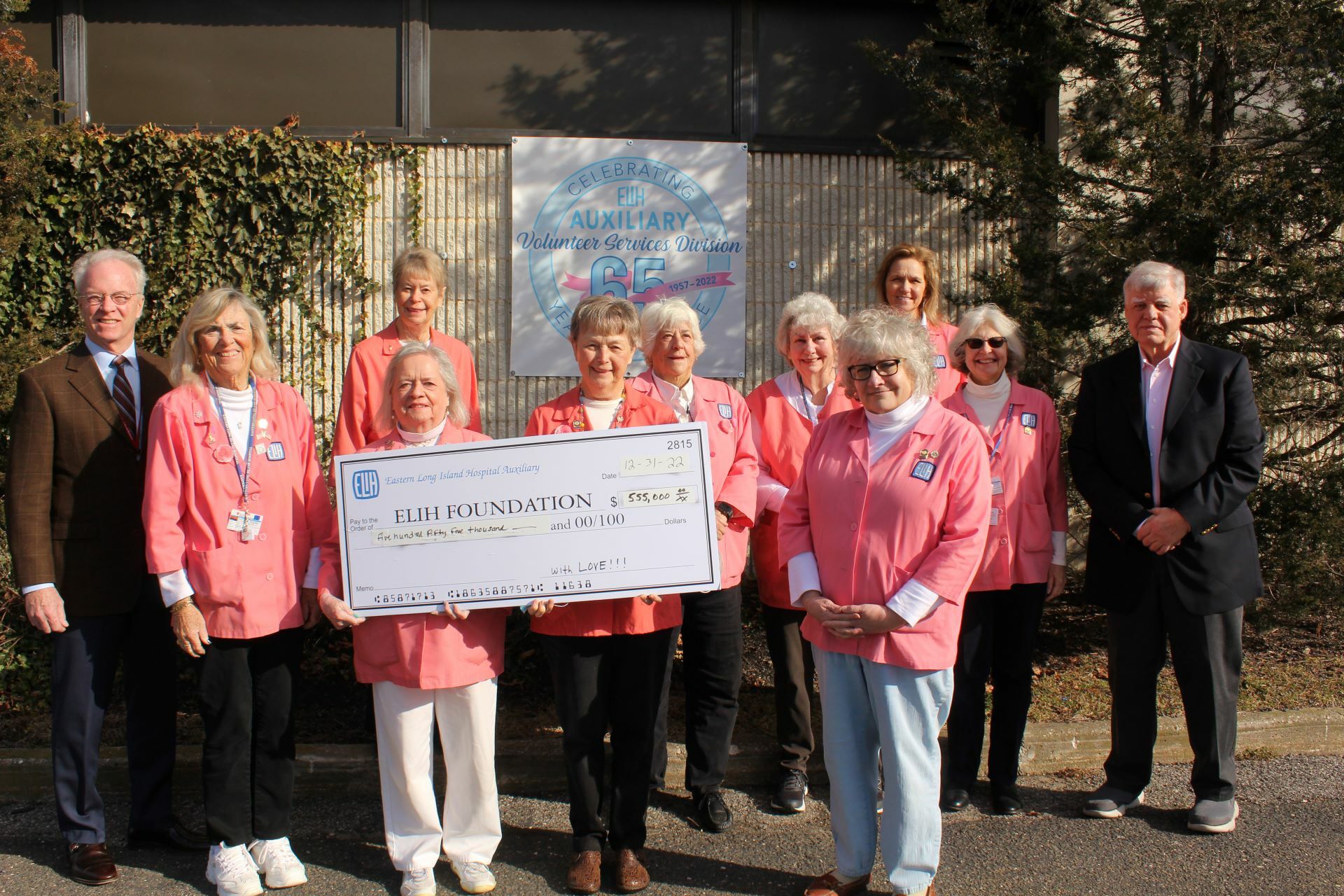 The Eastern Long Island Hospital Auxiliary,  a 125-member volunteer group that fundraises for Stony Brook Eastern Long Island Hospital, raised a record $555,000 in 2022. The donation is part of the Auxiliary’s total contribution of more than $2,350,000 million in gifts over the last five years. The record-breaking year also marked the 65th anniversary of the Volunteer Services Division of the ELIH Auxiliary. COURTESY STONY BROOK EASTERN LONG ISLAND HOSPITAL