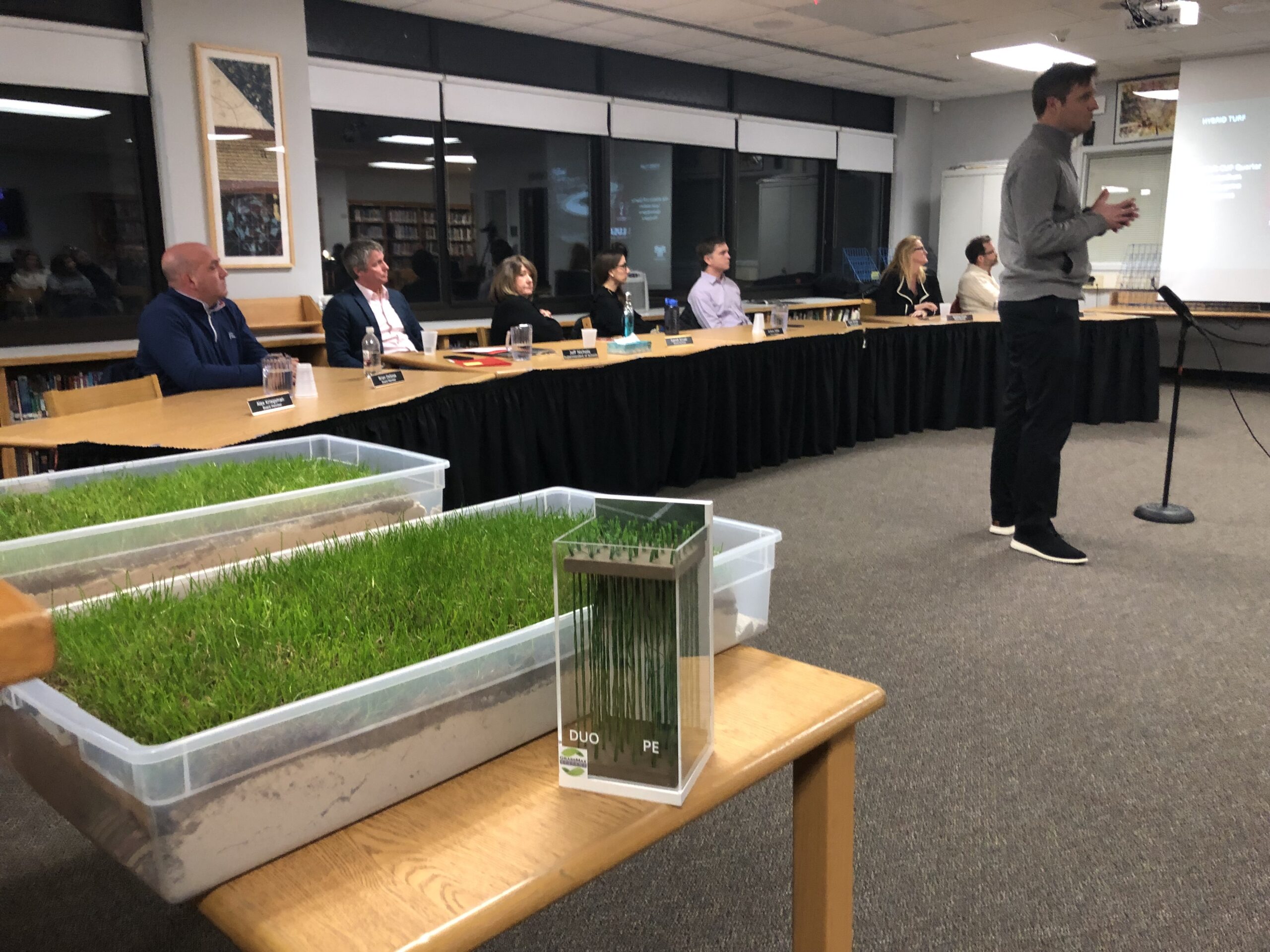 Aaron Golembiewski, a representative from the hybrid turf company, Turf Talents, made a presentation at the second community forum on the Marsden lots at the Pierson library on Wednesday night. CAILIN RILEY