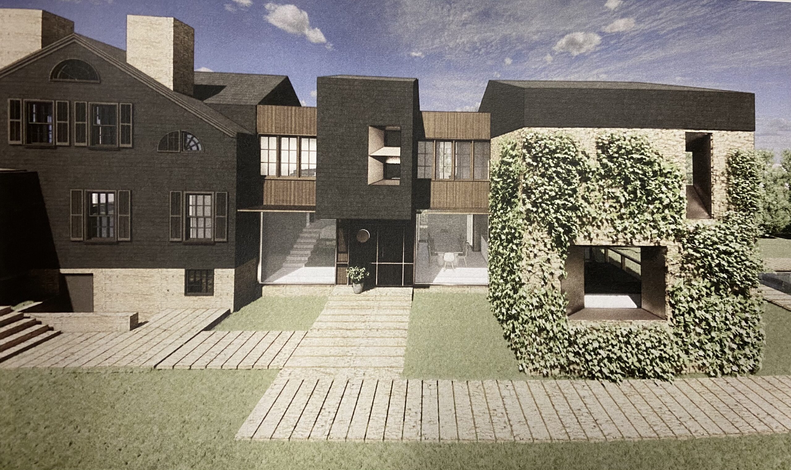 Rendering of the addition with granite wall (at right, with ivy on it) proposed for 207 Madison Street in Sag Harbor (original house at left).