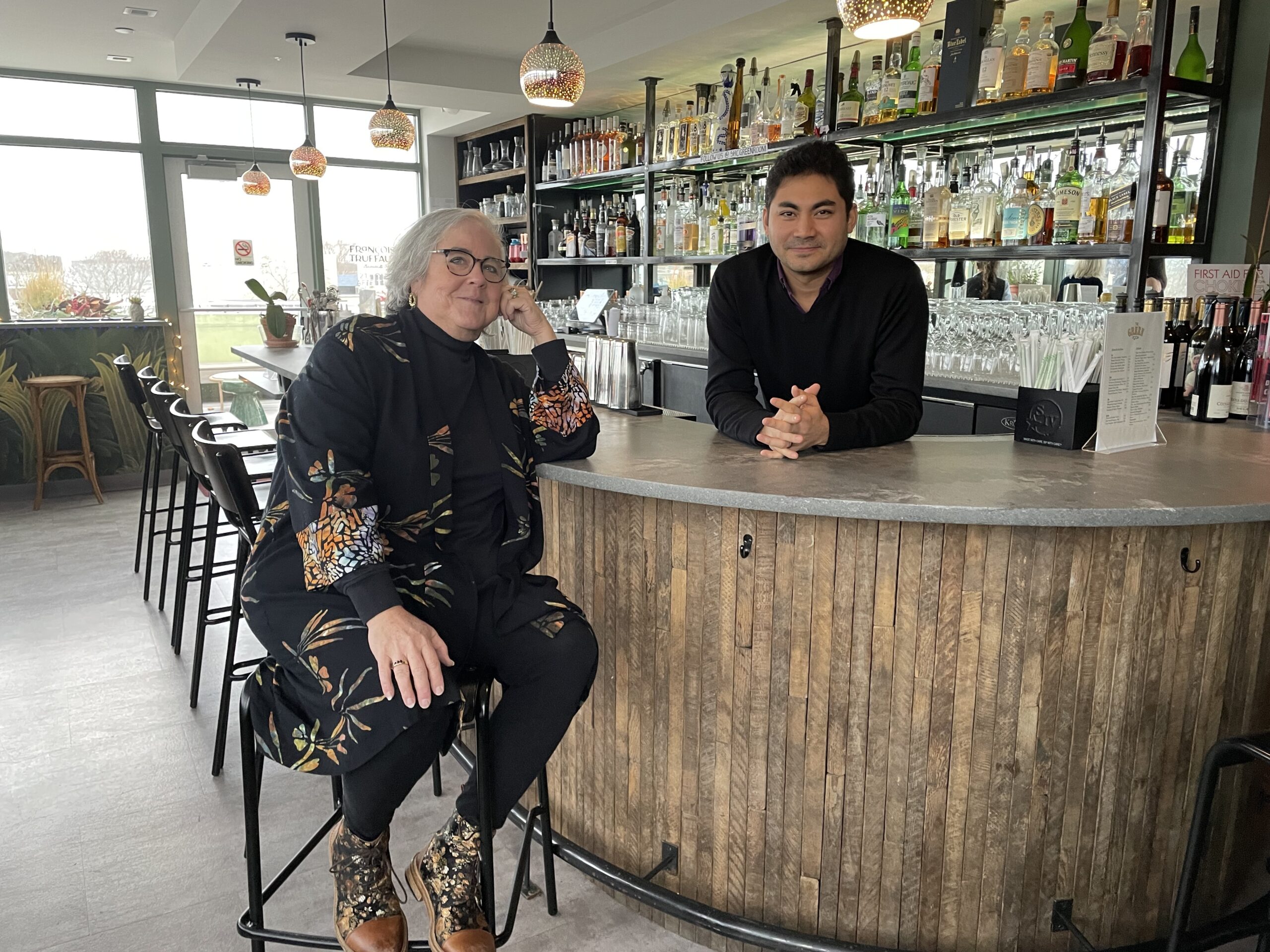 Sag Harbor Chamber of Commerce President Ellen Dioguardi with Jesse Matsuoka, the food and beverage director of the Sag Harbor Cinema, in the cinema’s Green Room Bar, which will host a HarborFrost Kickoff Party and Winter Taste of Sag Harbor on Friday, February 3. GAVIN MENU