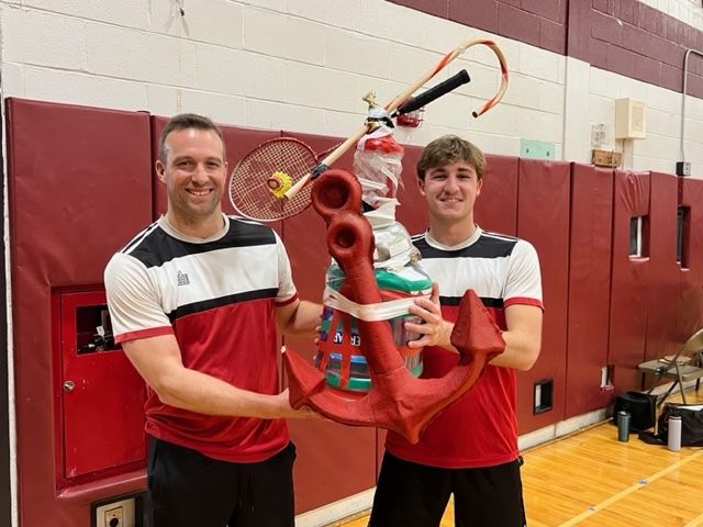 Members of Southampton High School’s Varsity Athletic Club recently raised $500 for the Special Olympics through a badminton tournament. For the event, 30 teams comprising one student and one faculty member competed against each other.  Andy Panza and faculty member Gary Easlick, left, took the win. COURTESY SOUTHAMPTON SCHOOL DISTRICT