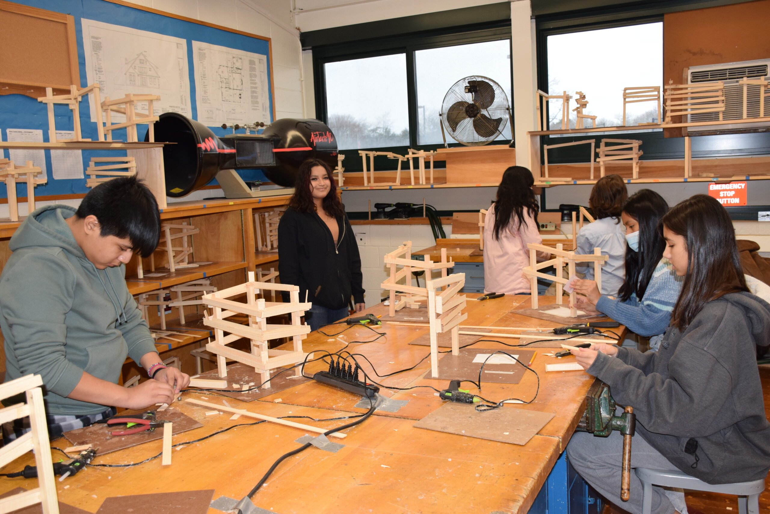 Seventh grade Southampton Intermediate School students in James Nolan’s technology class are using their engineering skills to construct a Rube Goldberg-style marble run. For the project, students are cutting and piecing together wood with the goal of inventing the longest run a marble can travel and successfully complete. COURTESY SOUTHAMPTON SCHOOL DISTRICT