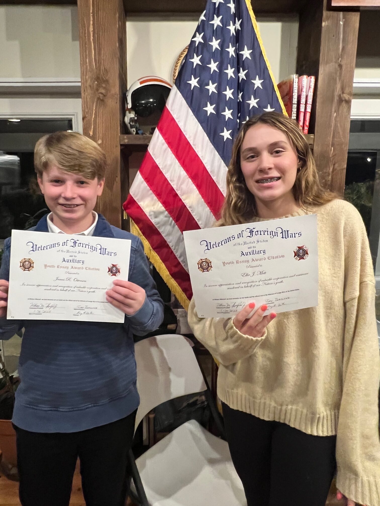 Westhampton Beach Middle School students Ellie Mett and James Ostenen have been named local winners in the Veterans of Foreign Wars Post 535 annual Patriot’s Pen essay contest. The students wrote the winning essays on the topic of “My Pledge to Our Veterans.” COURTESY WESTHAMPTON BEACH SCHOOL DISTRICT