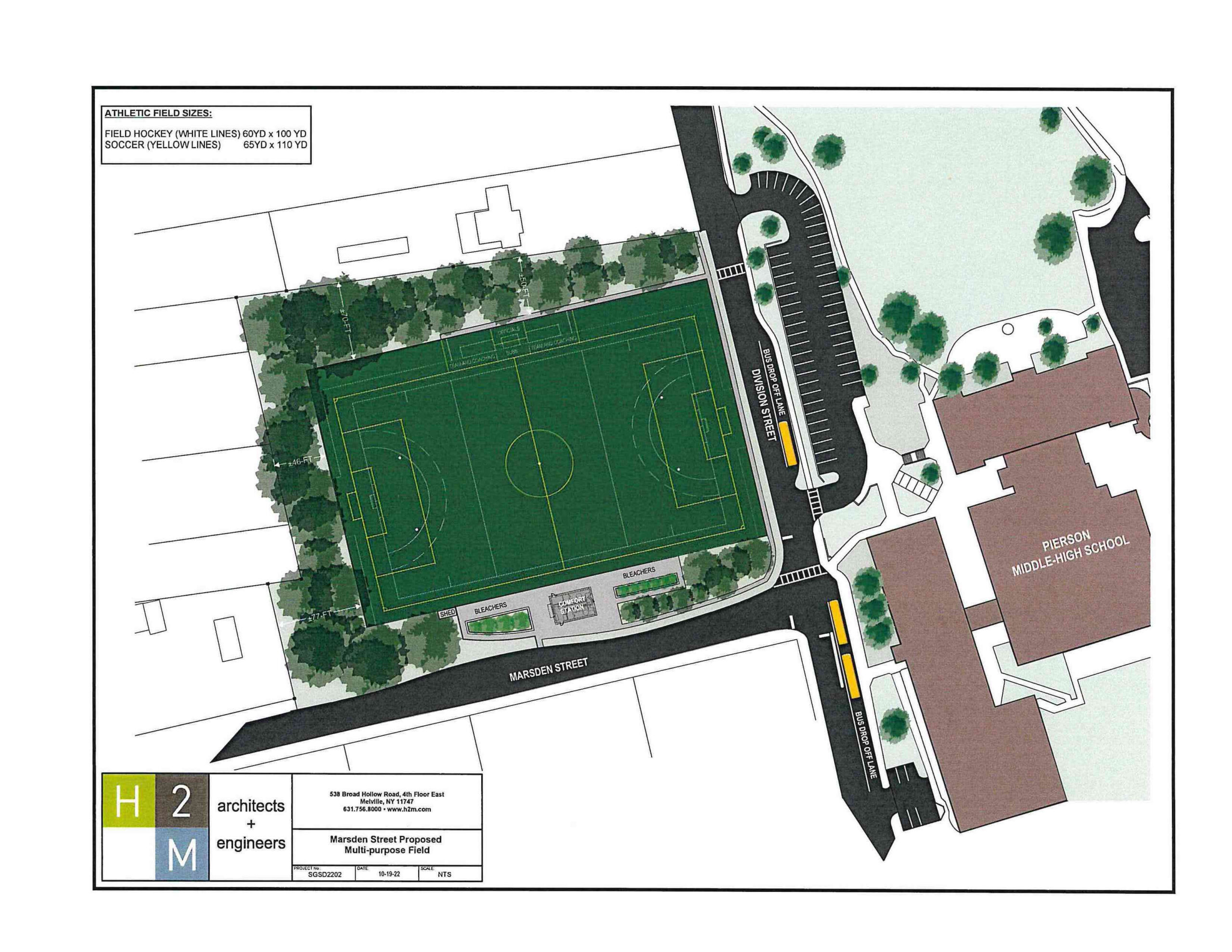 A preliminary rendering for potential plans to develop the Marsden lots into an athletic facility. The rendering was attached to a letter that was sent out to community parents on Wednesday, and is available for other community members to see and read on the district website. COURTESY SAG HARBOR SCHOOL DISTRICT