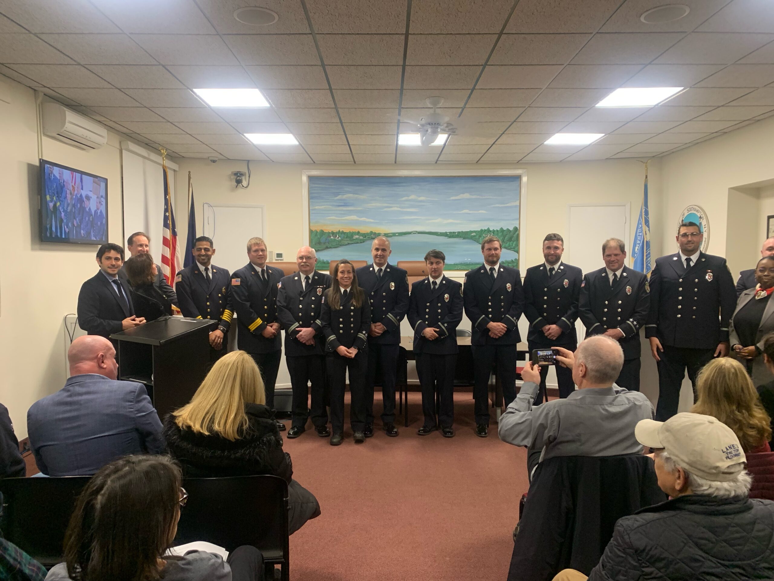 Firefighters turned out to celebrate their new chief's swearing in at Southampton Village Hall.   COURTESY SOUTHAMPTON VILLAGE FIRE DEPARTMENT