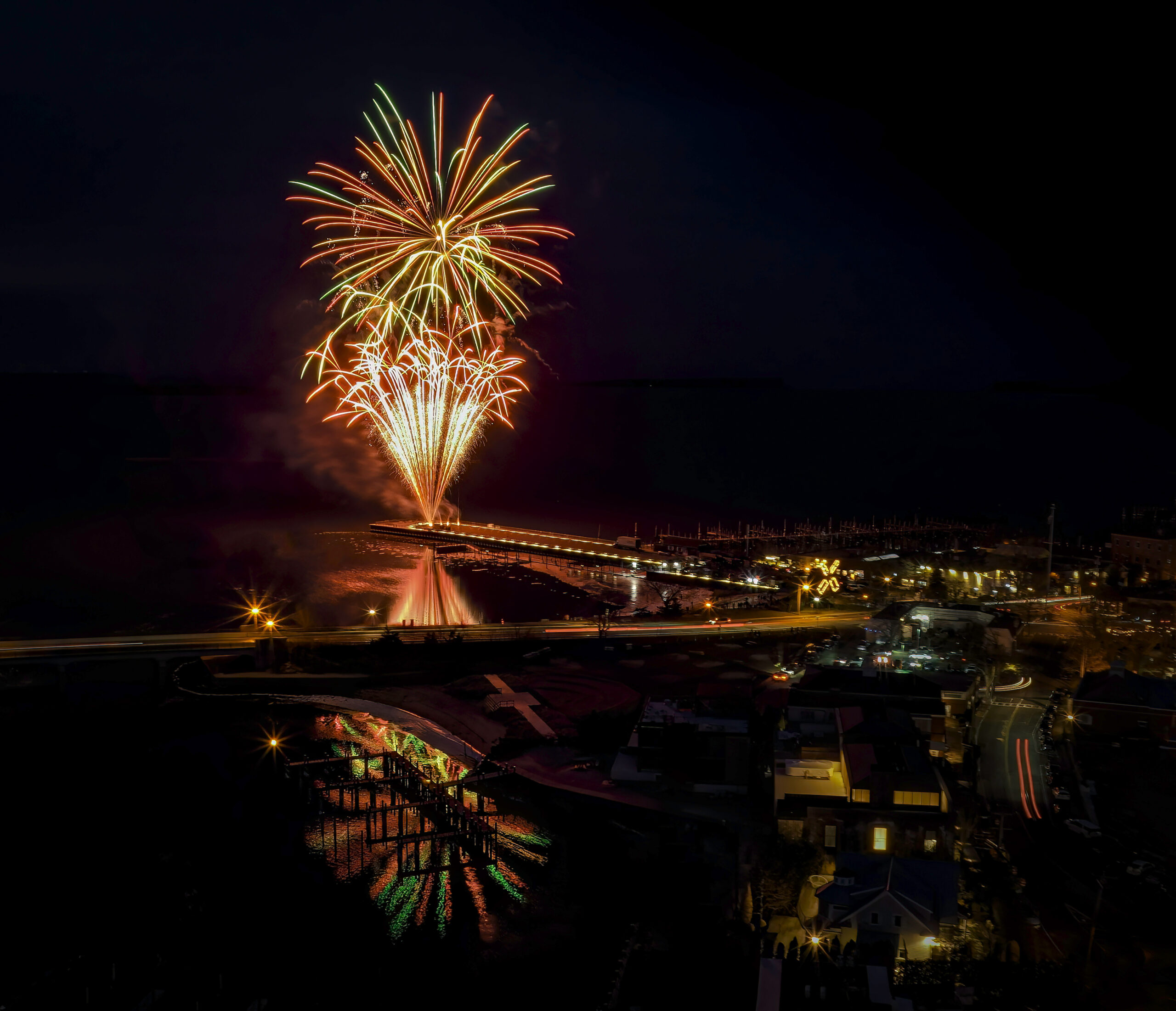 A birds-eye view of the fireworks by Grucci off Long Wharf on Saturday night, wrapping up HarborFrost.  MARIANNE BARNETT