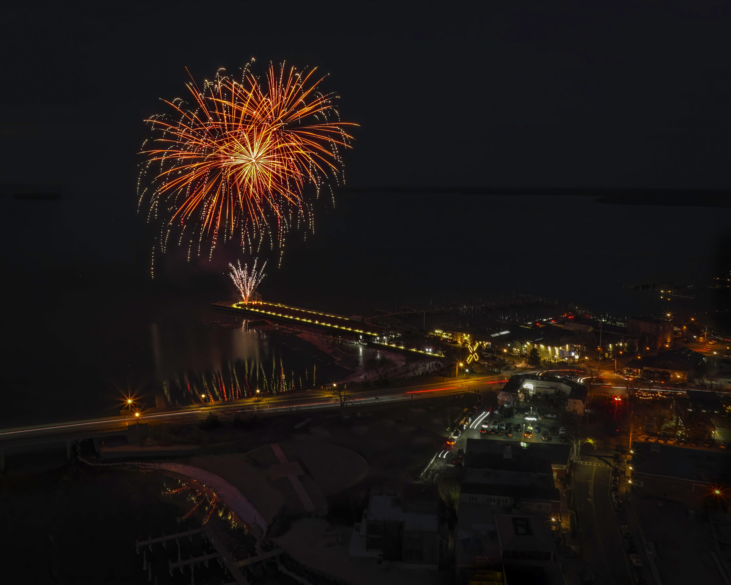 A birds-eye view of the fireworks by Grucci off Long Wharf on Saturday night, wrapping up HarborFrost.  MARIANNE BARNETT