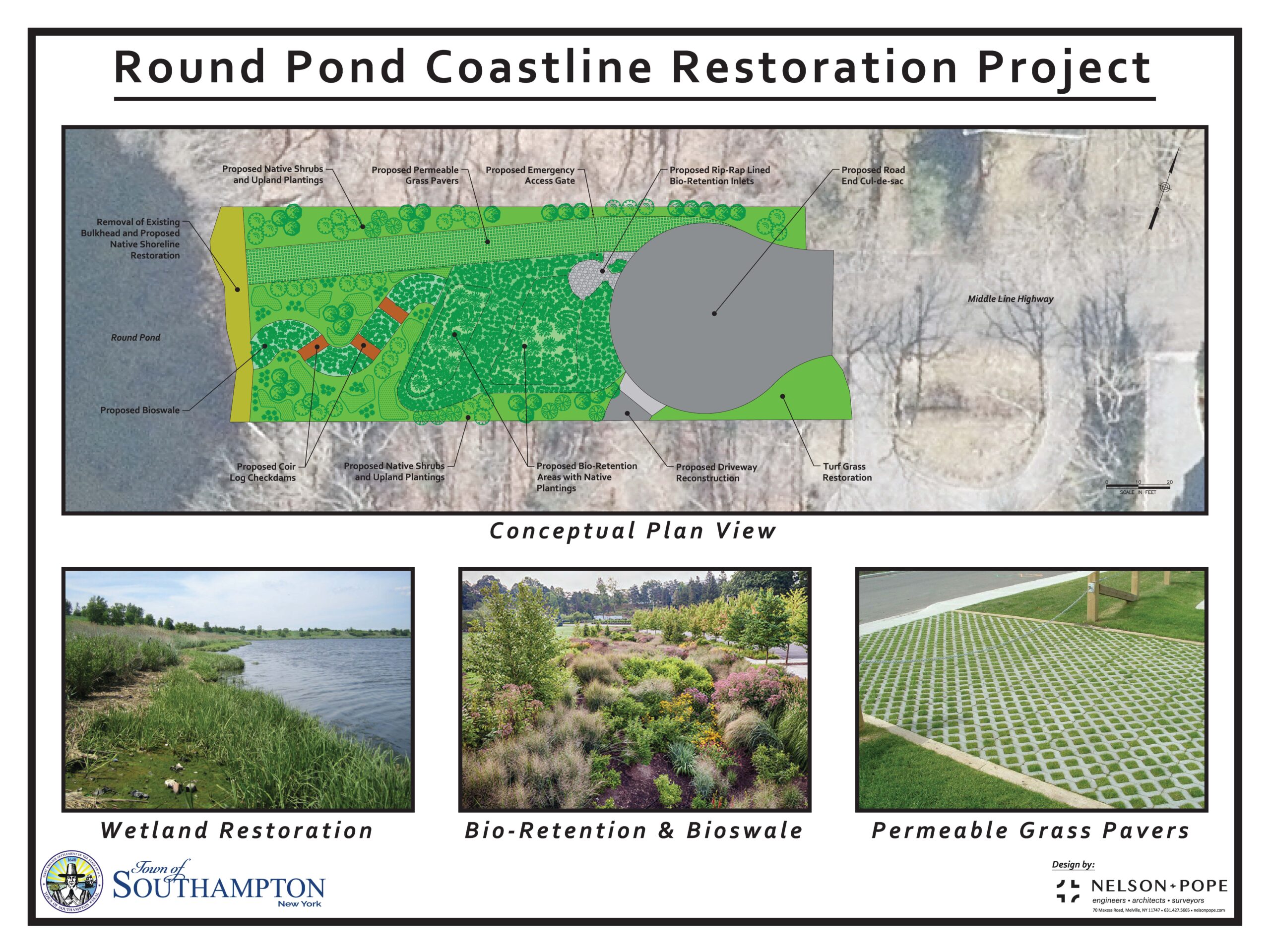 A conceptual plan for the shoreline work proposed at Round Pond in Sag Harbor. COURTESY SOUTHAMPTON TOWN