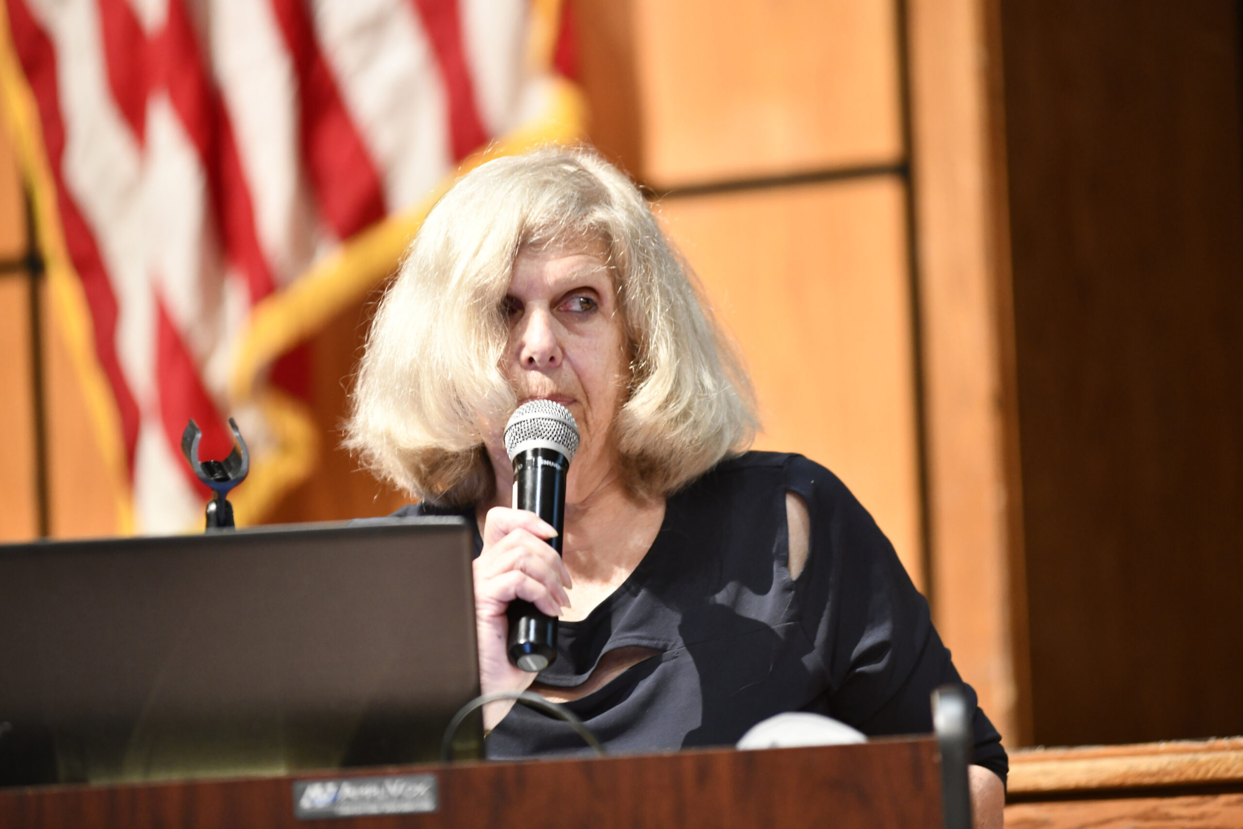 Hampton Bays Civic Association President Maria Hults at the group's contentious august, 2022 forum. Hults, along with four other members of the group's board of directors resigned this week.    FILE