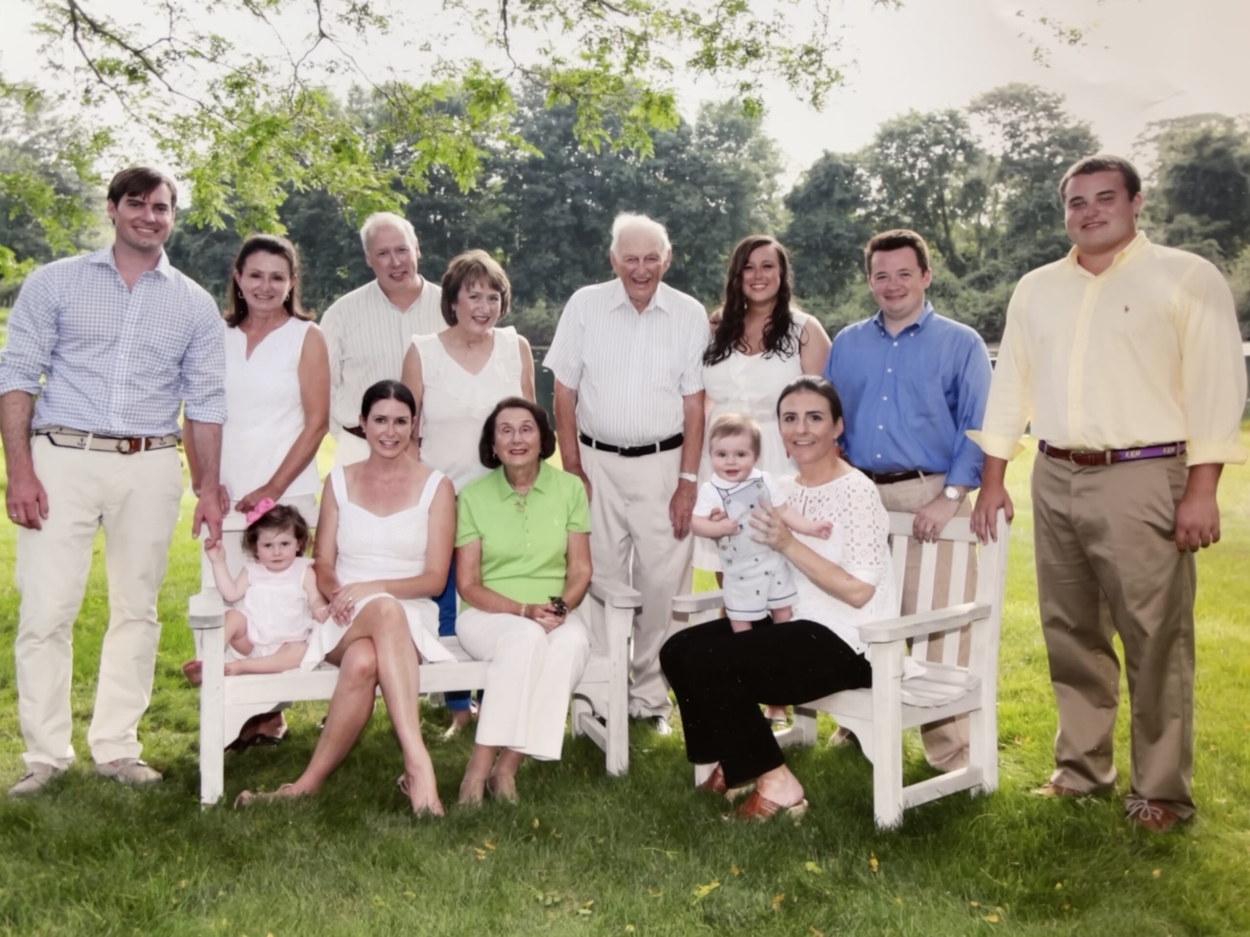 A 65th wedding anniversary reunion. Back row, from left, Elliot Weiss, Lisa Duryea Thayer, Barry Bowman, Jane Duryea Bowman, John C. Duryea, Rachel Bowman, Ted Dickson and Jonathan Bowman. Front row, from left, Lillien Weiss, Lauren Thayer Weiss, Raemary C. Duryea, Louie Dickson and Erin Thayer Dickson. COURTESY LISA DURYEA THAYER