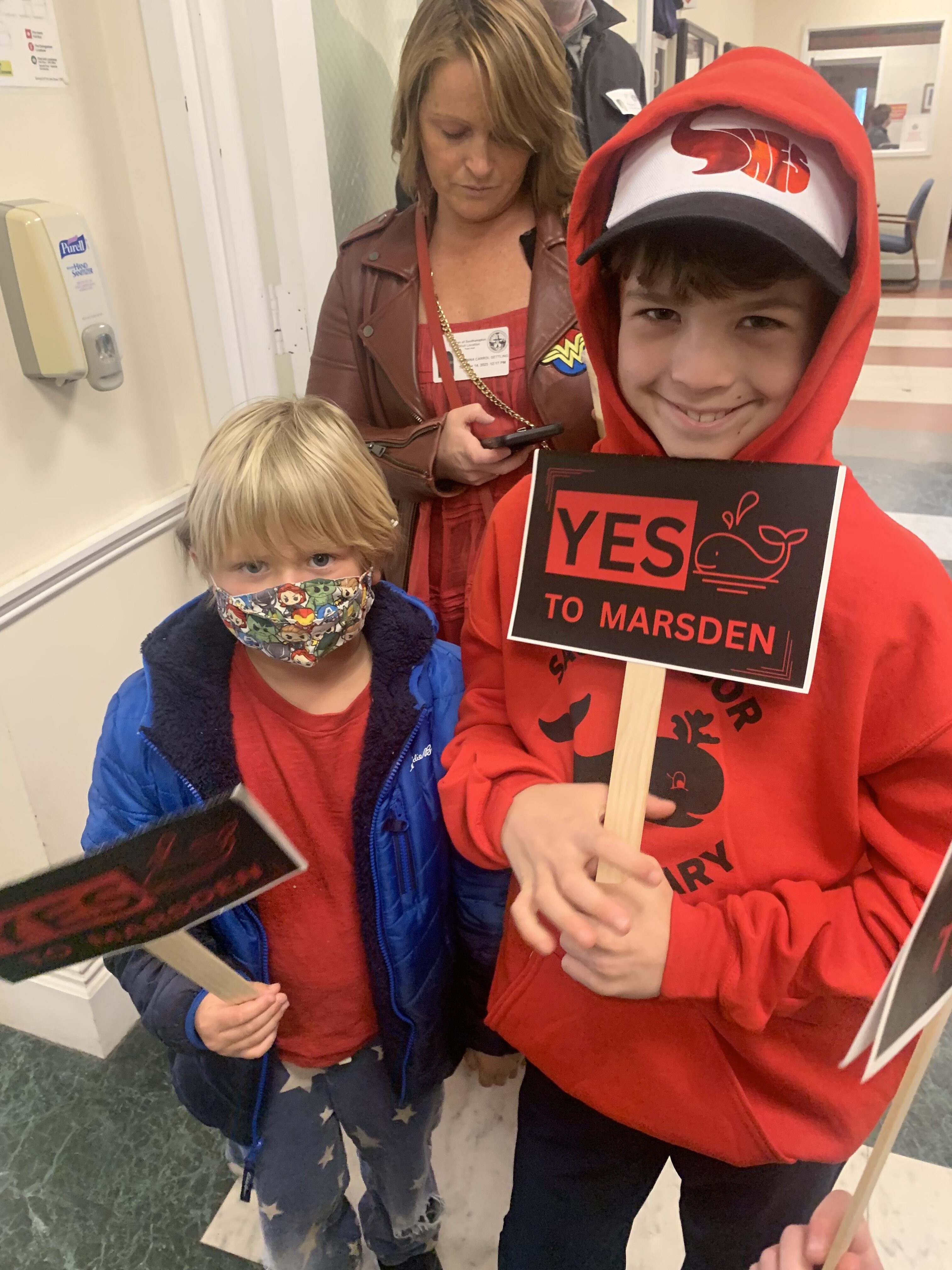Sag Harbor School District students were among the members of the public who showed up at the most recent Southampton Town Board public hearing on Marsden on March 14, with those in support sporting homemade signs.