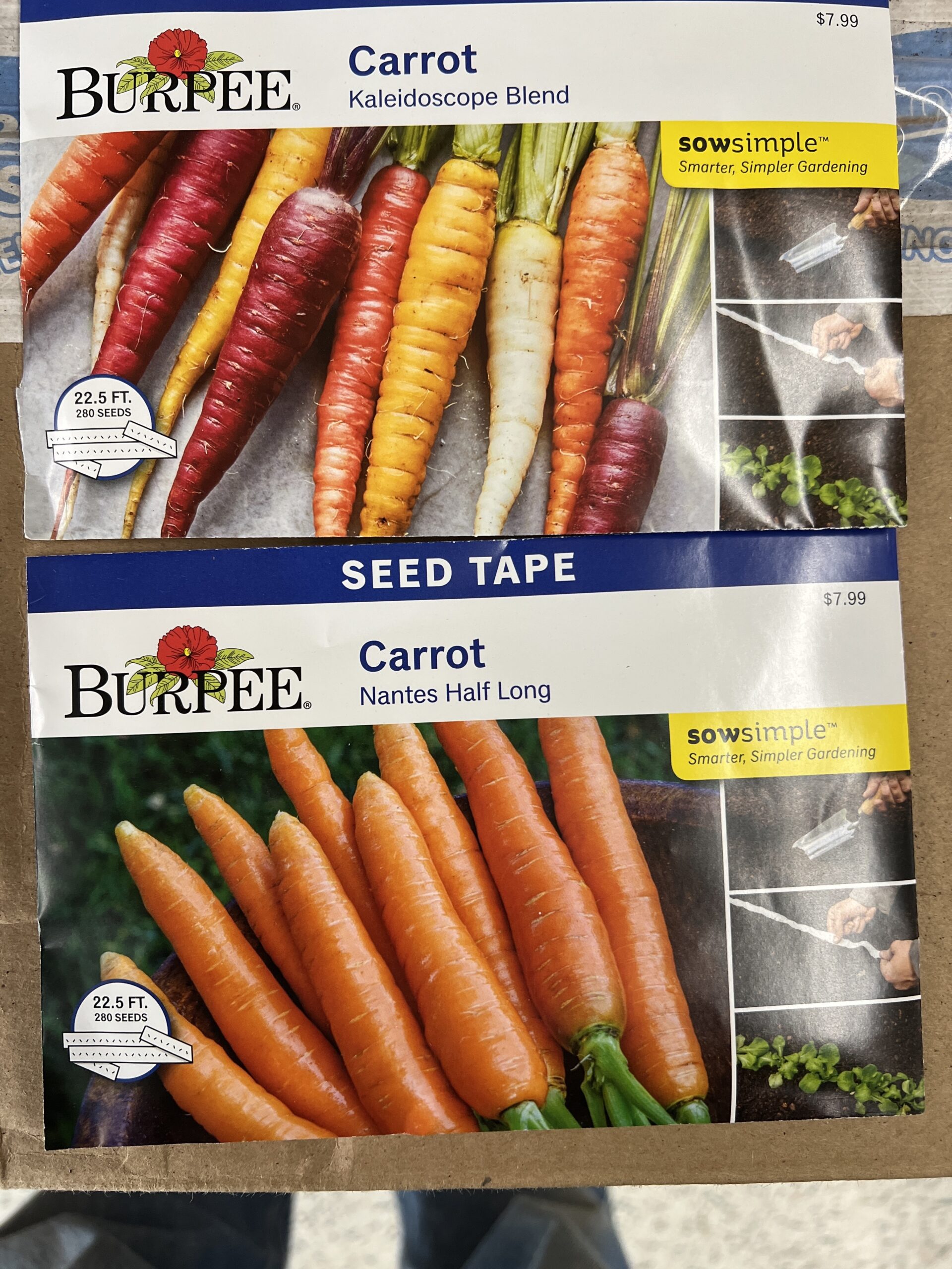 Two of Burpee’s carrot varieties being offered in seed tapes. More expensive than just the seed but little to no thinning required and the spacing will be perfect. Seed tapes can be cut for successional plantings. ANDREW MESSINGER
