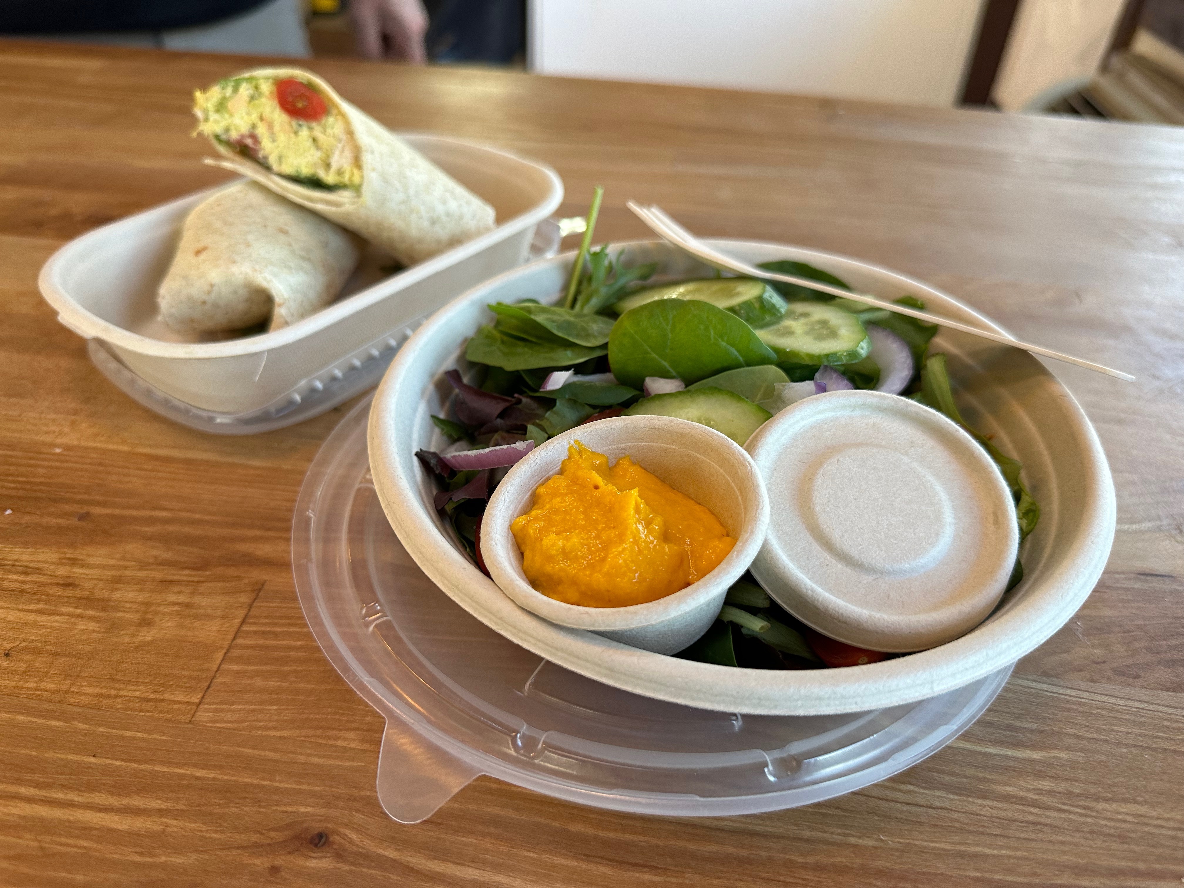 Honest Plate's curry chicken wrap and salad. ANNETTE HINKLE
